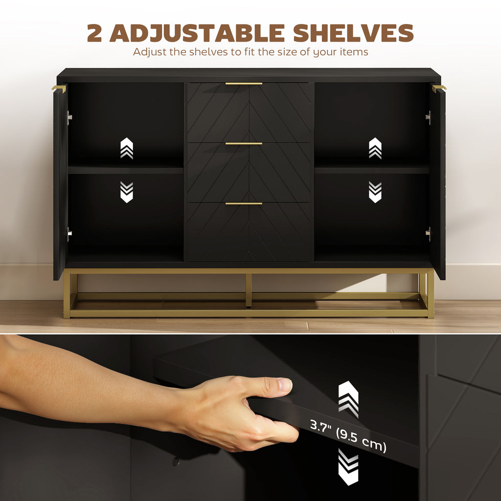 Sideboard Storage Cabinet with 3 Drawers, Adjustable Shelves and Doors, Kitchen Buffet Cabinet for Dining Room, Black
