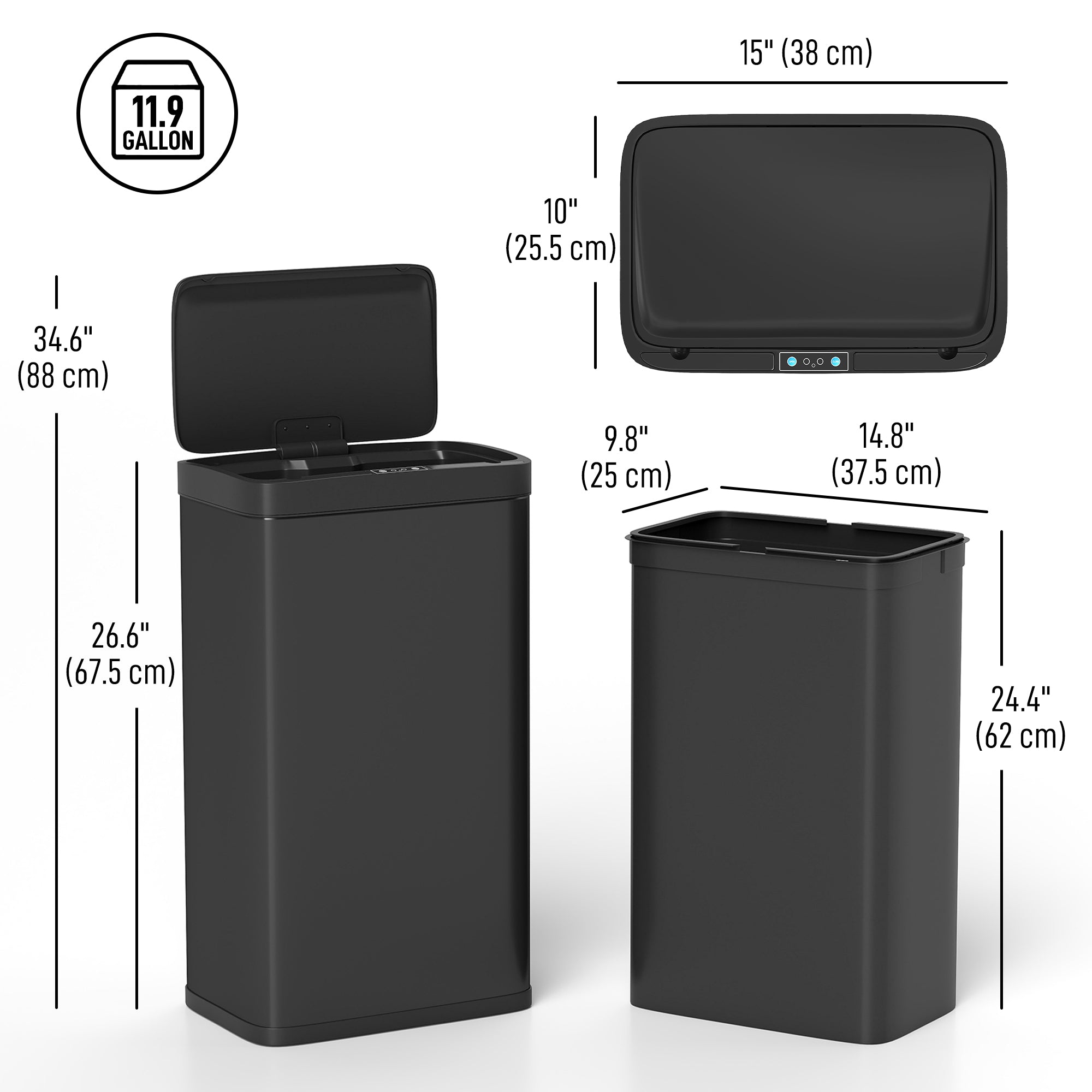 12 Gallon (45 L) Sensor Can, Automatic Garbage Can with Soft-Close Lid, Fingerprint-Proof Stainless Steel, Matte Black