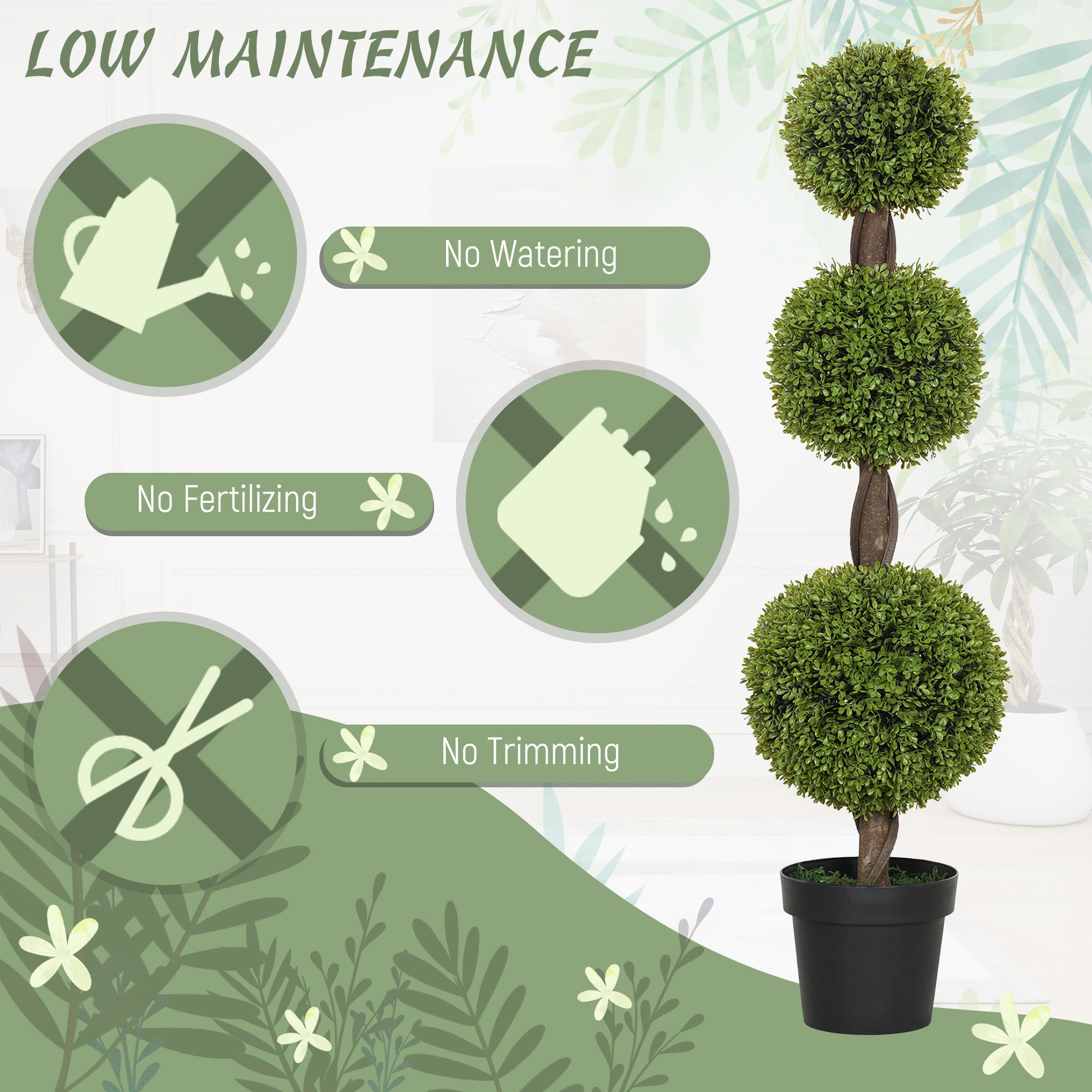 Set of 2 Artificial Ball Boxwood Topiary Trees, Fake Plants in Pots for Indoor Outdoor Decor, Green
