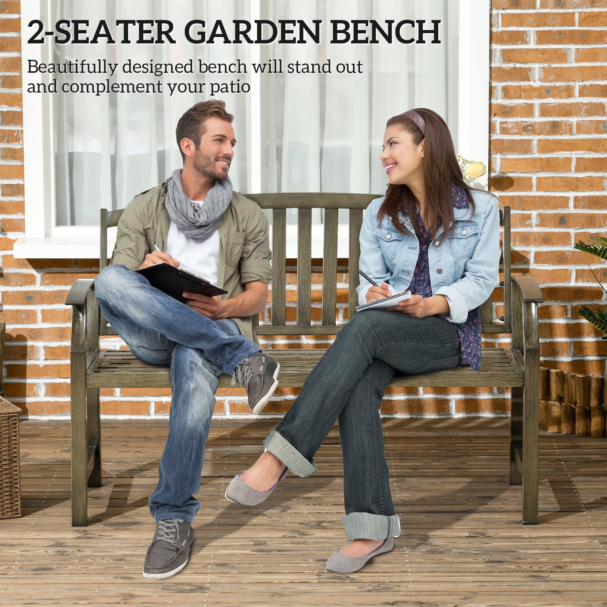 Outdoor Garden Bench, Metal Bench, Wood Look Slatted Frame Furniture for Patio, Park, Porch, Lawn, Yard, Deck, Black
