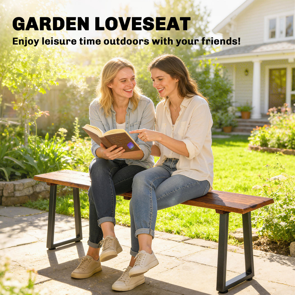 Wood Outdoor Bench for 2 People, 59" Backless Patio Garden Bench with Trapezoidal Steel Legs
