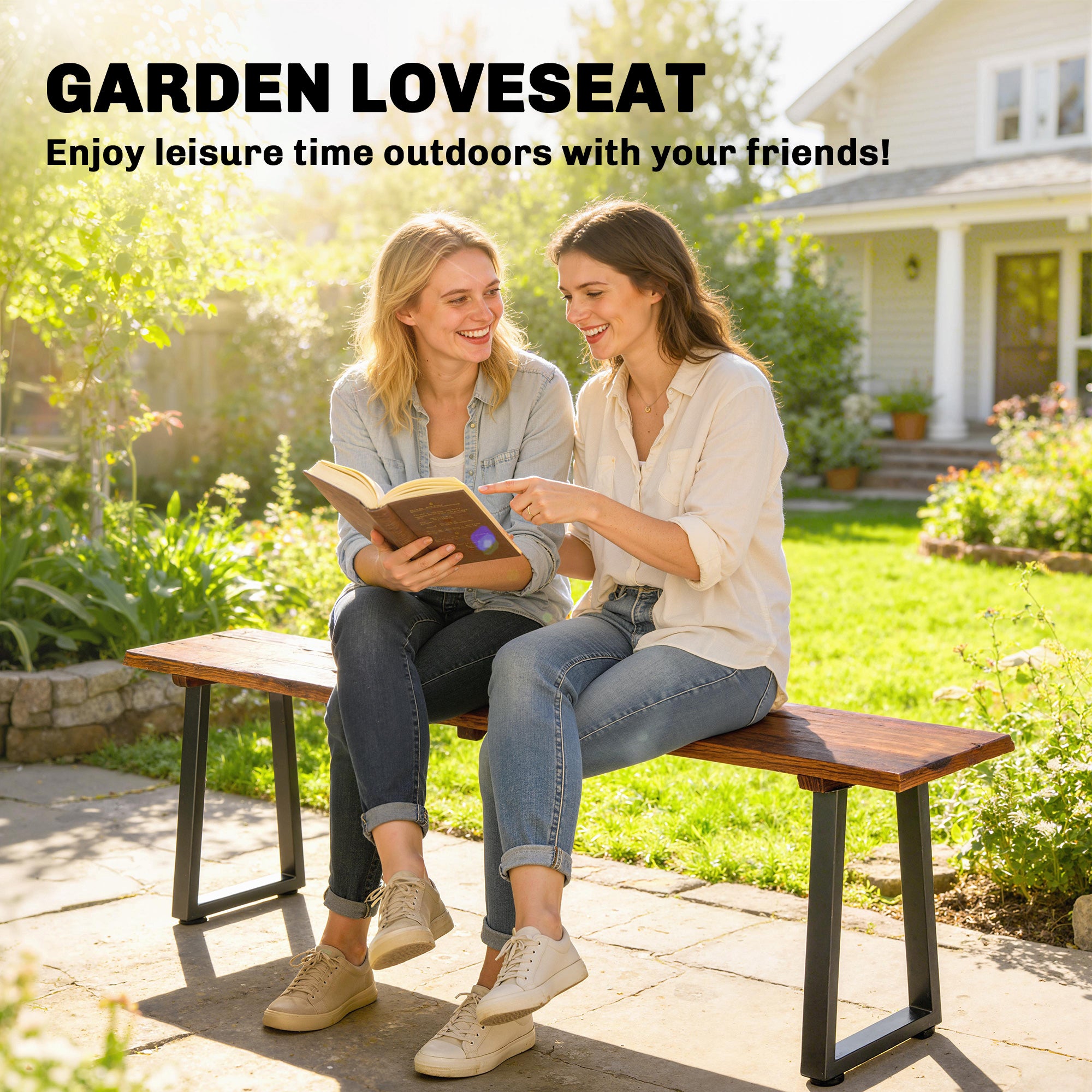 Wood Outdoor Bench for 2 People, 59" Backless Patio Garden Bench with Trapezoidal Steel Legs