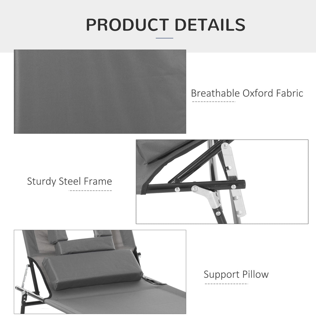 Adjustable Outdoor Lounge Chair, Garden Folding Chaise Lounge with Face Hole Reclining Tanning Chair Seat, Folding Camping Beach Lounging Bed w/ Support Pillow, Grey