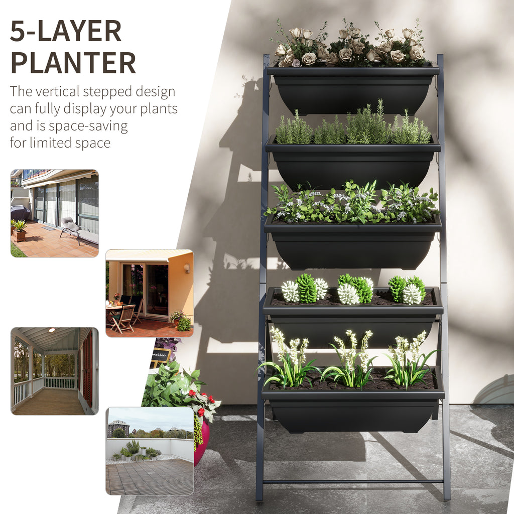 5-Tier Raised Garden Bed with 5 Planter Box, Outdoor Plant Stand Grow Containers with Leaking Holes, Black