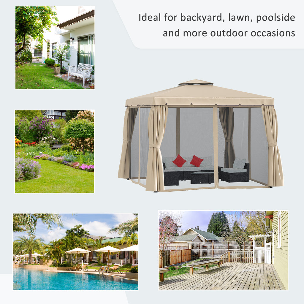 10' x 10' Deck Gazebo with Curtains & Mesh Screen Drapes, Double Roof Canopy Polyester Shade for Backyard Garden, Khaki