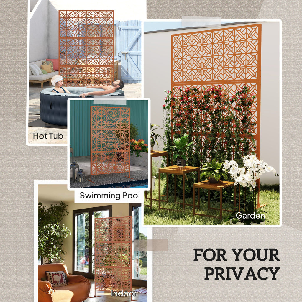Decorative Outdoor Privacy Panel with Stand, Freestanding Metal Outdoor Divider for Garden, Backyard, Deck, Brown