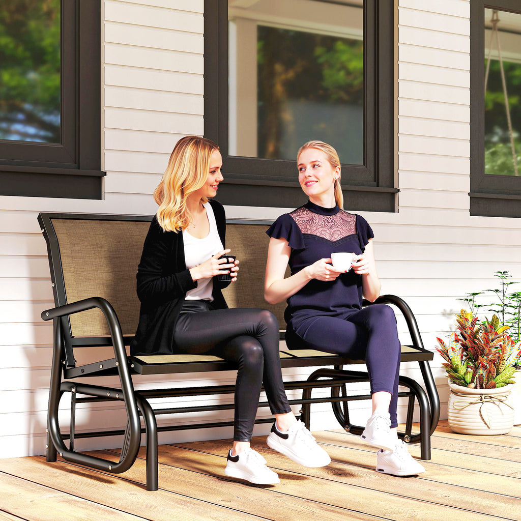 Outdoor Glider Bench, 2 Person Patio Glider Chair, Gliding Outdoor Garden Loveseat Swing Bench with Breathable Mesh Fabric, Steel Frame for Backyard, Porch, Brown