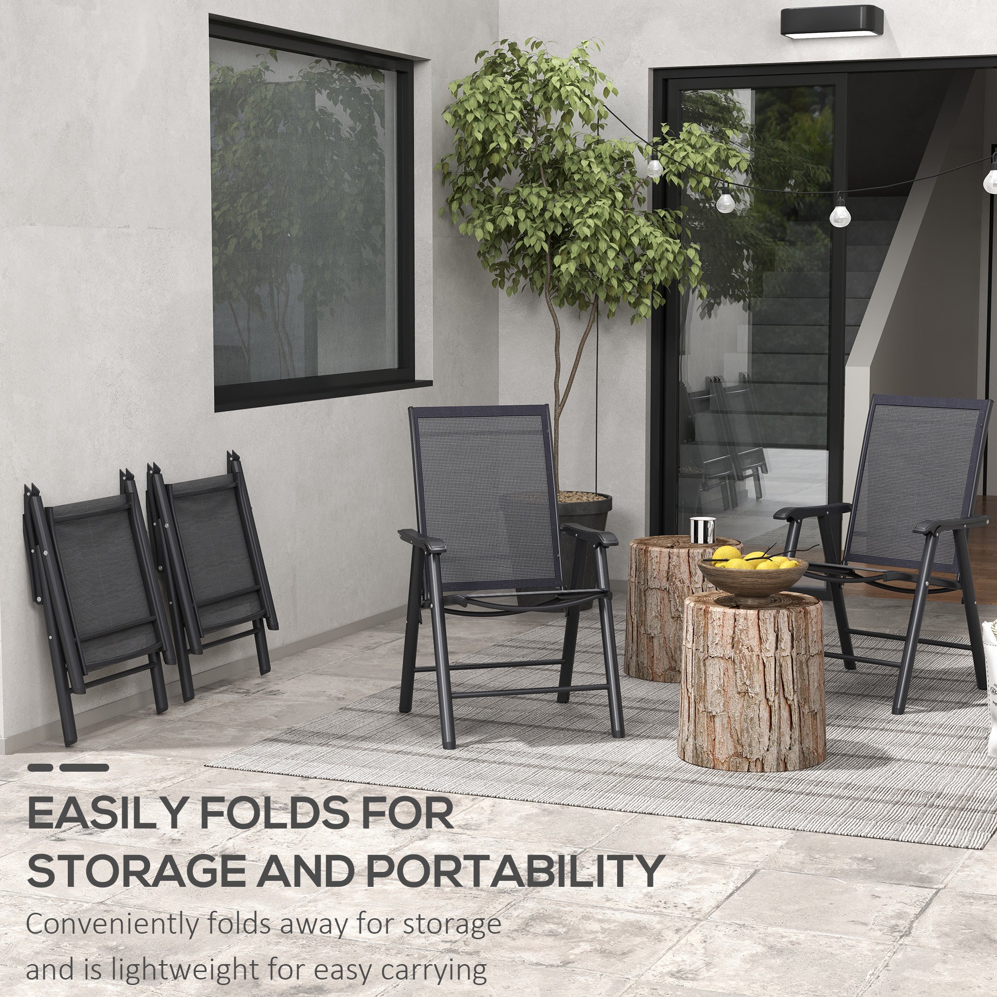 4-Piece Folding Chair Set for Relaxing on Patio Balcony Garden, Comfortable Outdoor Furniture with Armrests, Black