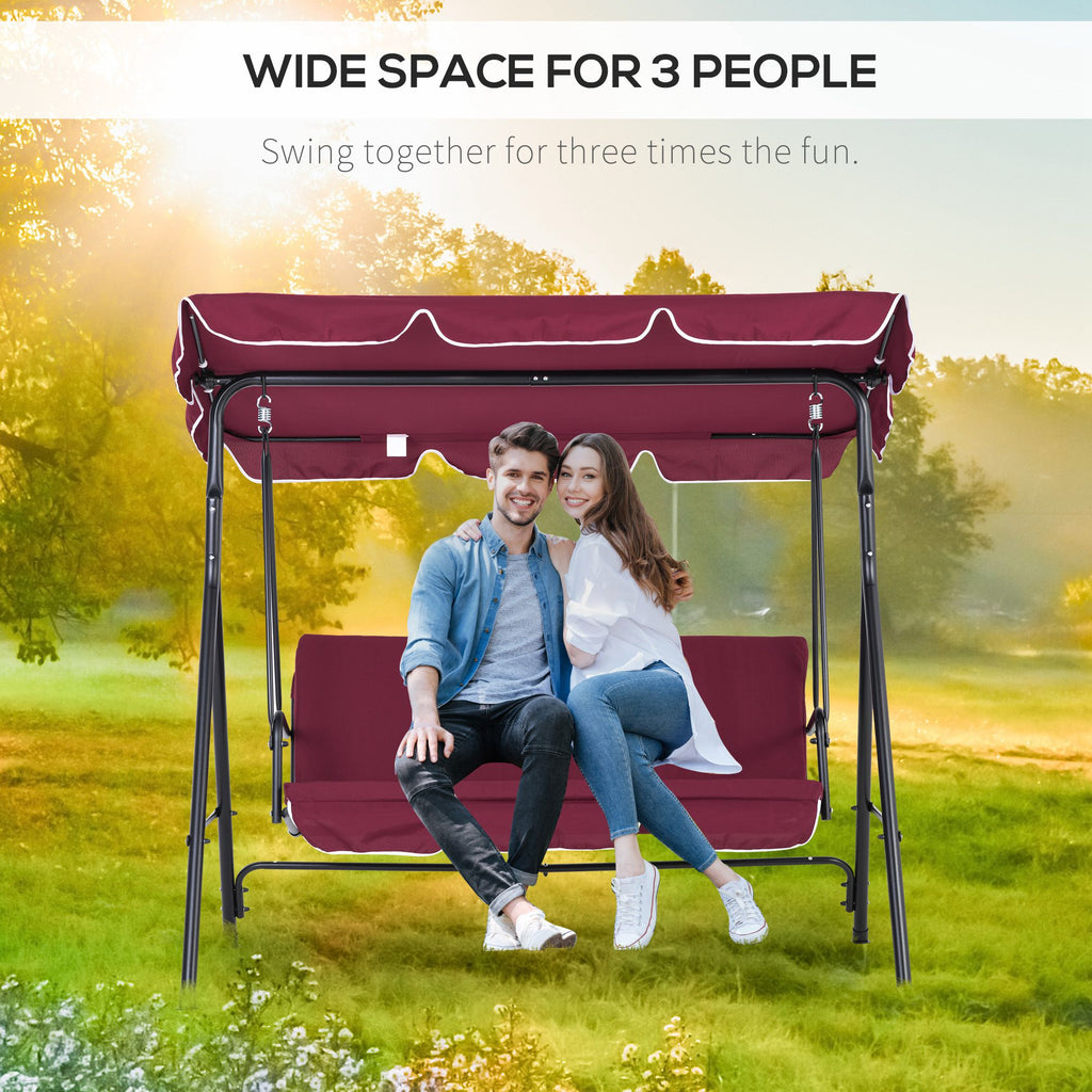 3-Seater Outdoor Swing with Adjustable Canopy, Patio Swing Chair for Garden, Poolside, Backyard, Wine Red