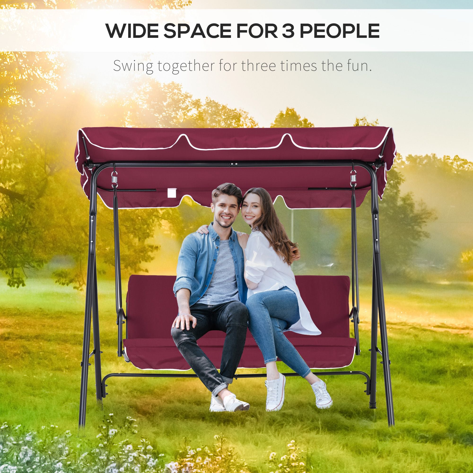 3-Seater Outdoor Swing with Adjustable Canopy, Patio Swing Chair for Garden, Poolside, Backyard, Wine Red