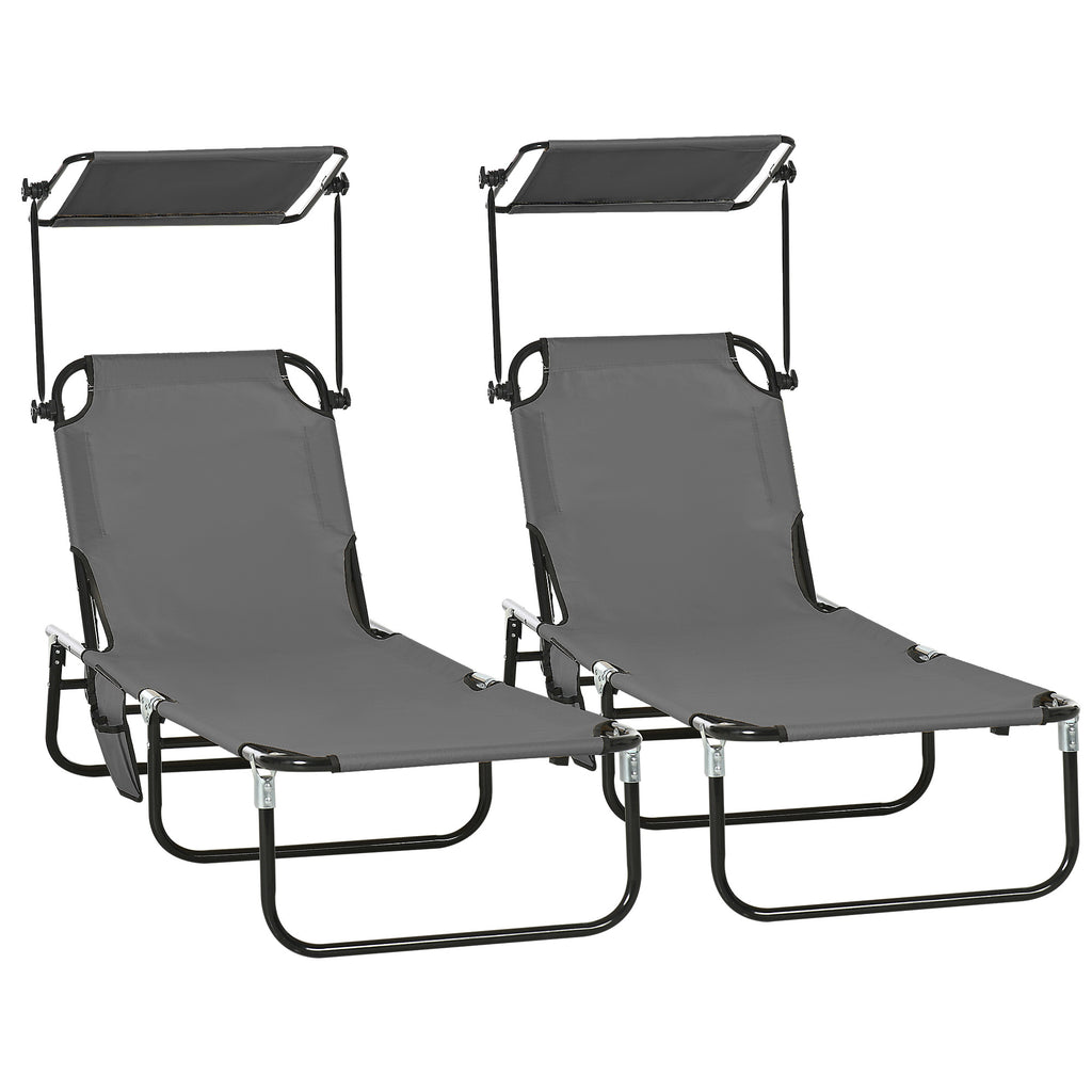 2 Piece Folding Outdoor Chaise Lounges, Pool Tanning Chairs with Reclining Back, Sunshade for Beach, Patio, Dark Grey