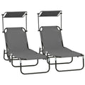 2 Piece Folding Outdoor Chaise Lounges, Pool Tanning Chairs with Reclining Back, Sunshade for Beach, Patio, Dark Grey