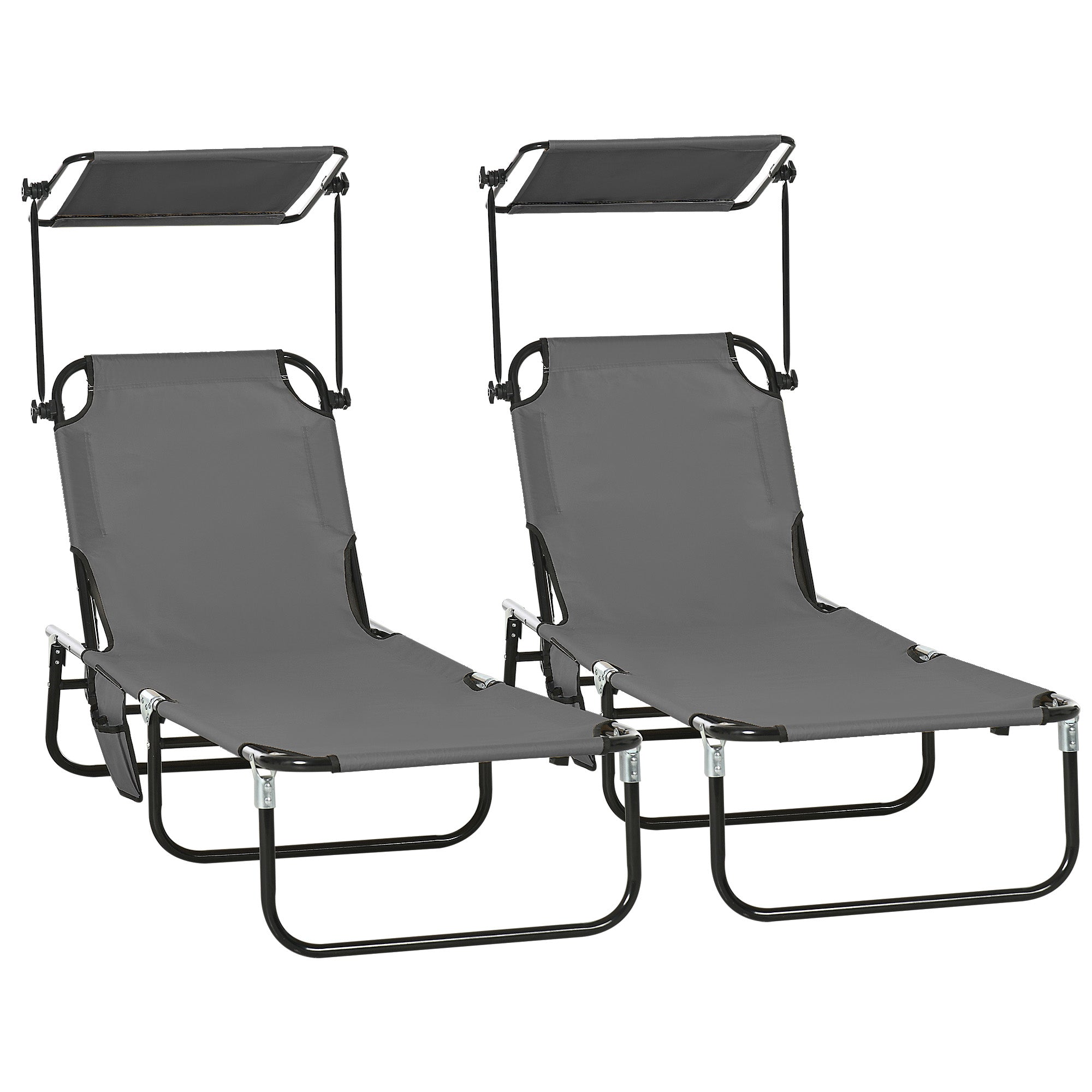 2 Piece Folding Outdoor Chaise Lounges, Pool Tanning Chairs with Reclining Back, Sunshade for Beach, Patio, Dark Grey