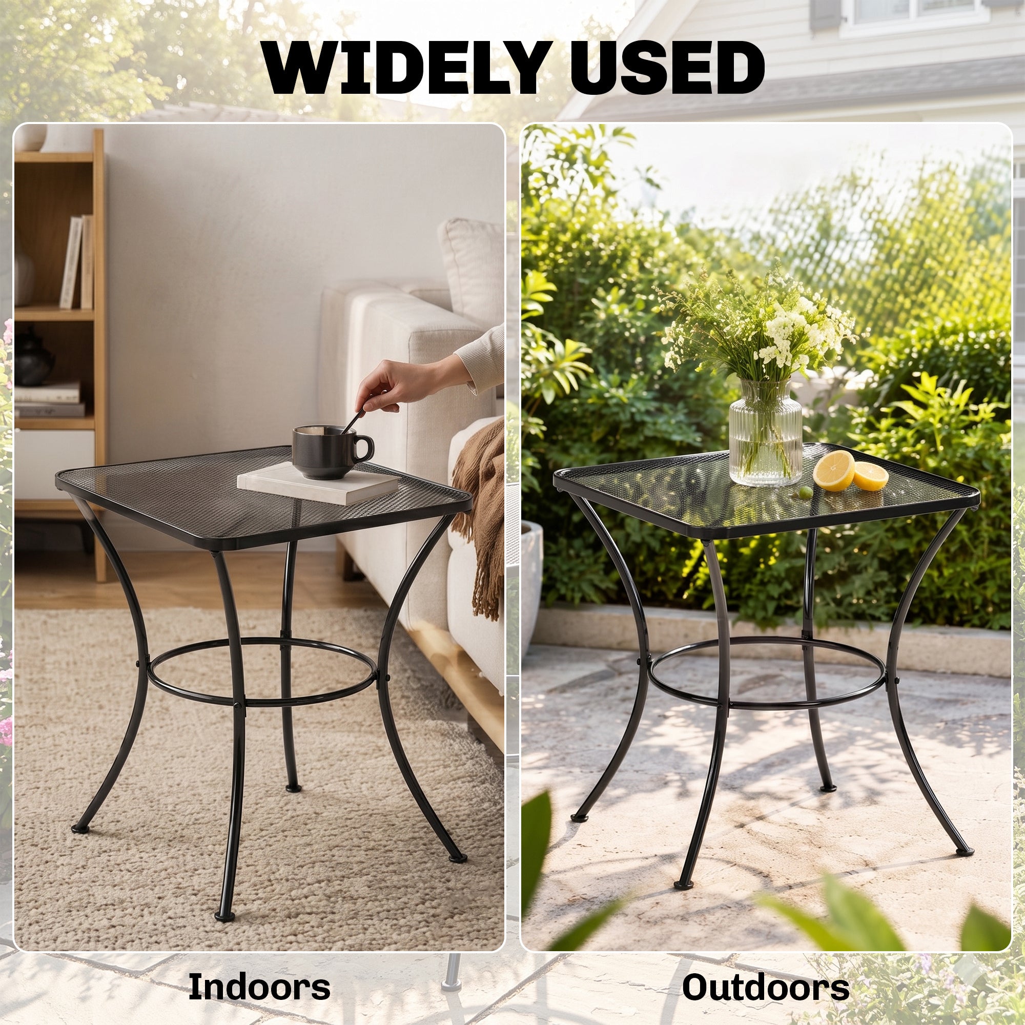 Square Garden Metal Bistro Table Outdoor Patio Coffee Side Desk 23.6" x 23.6" x 27.6" Black
