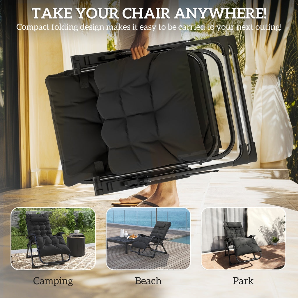 Folding Garden Chair, Reclining Zero Gravity Chair, Sun Lounger with Cushion and Headrest, Black