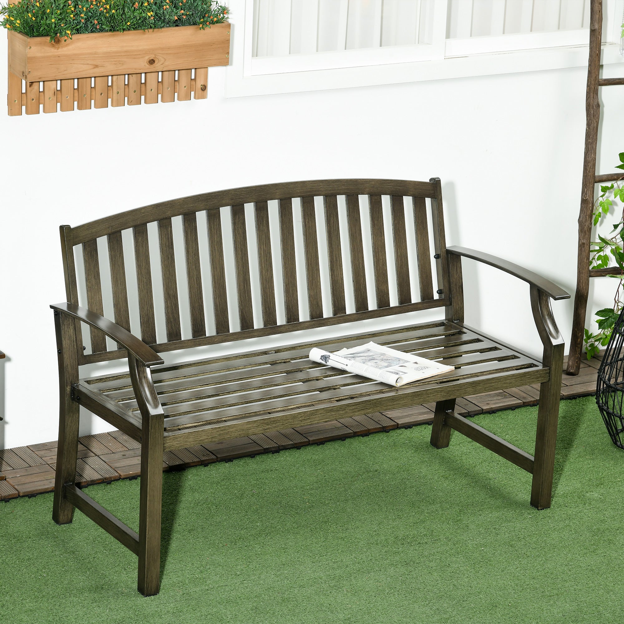 Outdoor Garden Bench, Metal Bench, Wood Look Slatted Frame Furniture for Patio, Park, Porch, Lawn, Yard, Deck, Black