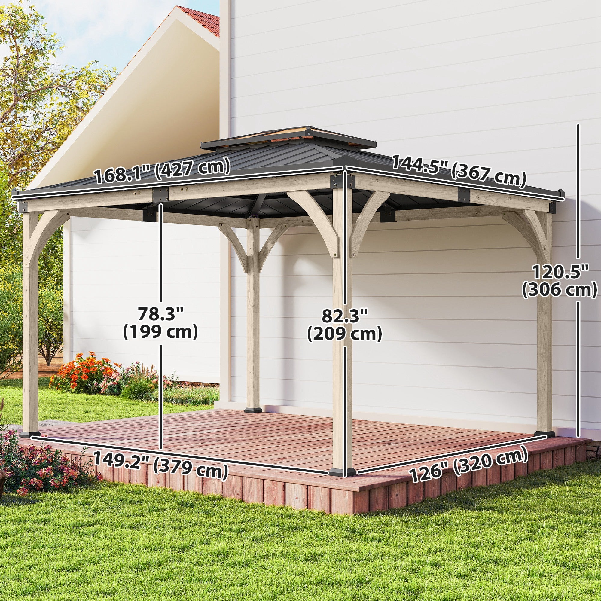 12' x 14' Hardtop Gazebo Canopy with Galvanized Steel Roof, Wood Frame, Double Roof Outdoor Gazebo, Light Walnut