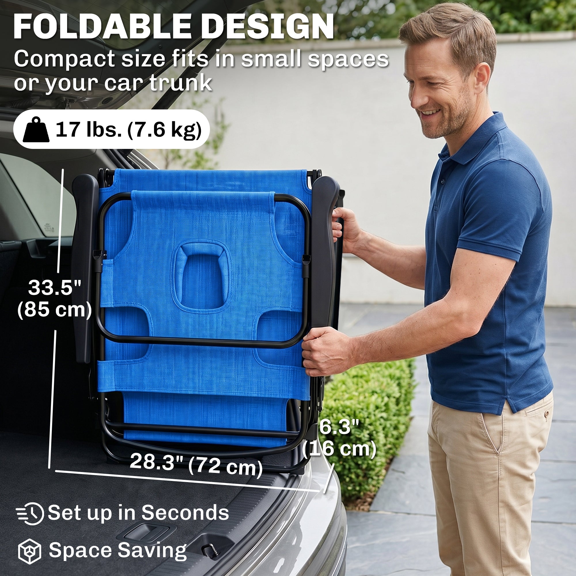 Folding Lounge Chair w/ Reclining Back, Dark Blue