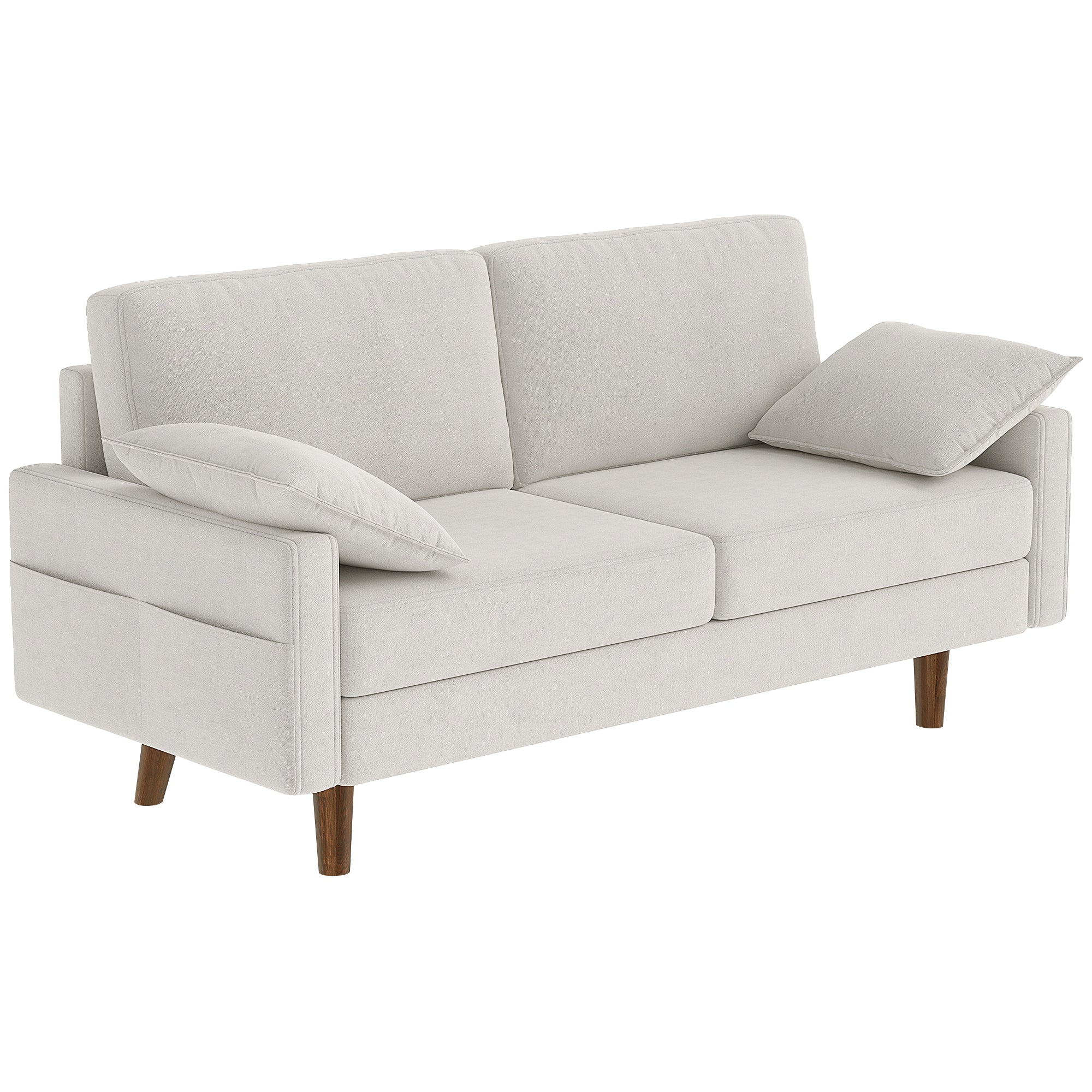 3 Seater Sofa, Velvet Upholstered Couch with Spring Cushions, Rubber Wood Legs and 2 Pillows, Cream White