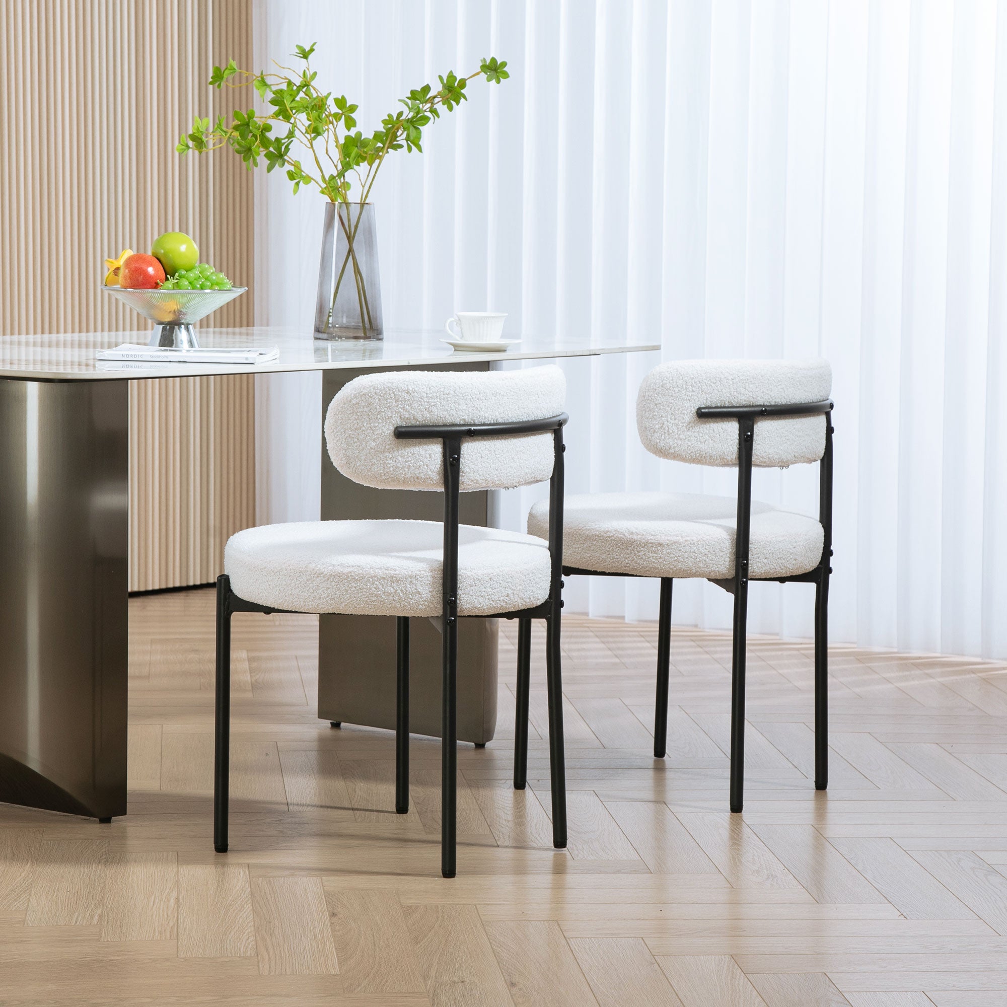 2 Pieces Kitchen Chairs, Modern Dining Chairs w/ Berber Fleece Upholstery and Steel Legs for Living Room, Cream White