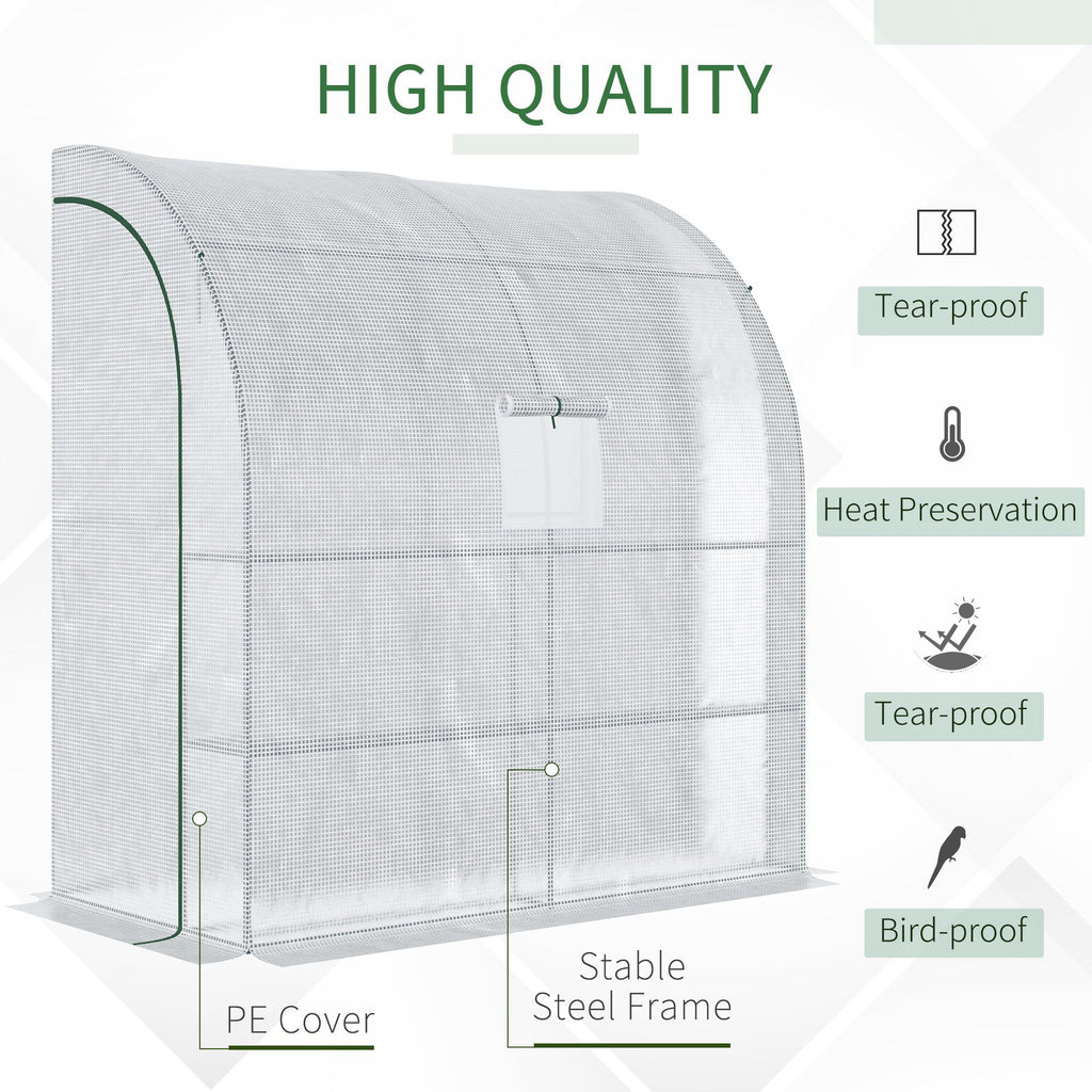 7' x 3' x 7' Outdoor Lean-to Walk-In Greenhouse w/ Roll-up Mesh Windows, Zipper Door and 3-Tier Shelves, White