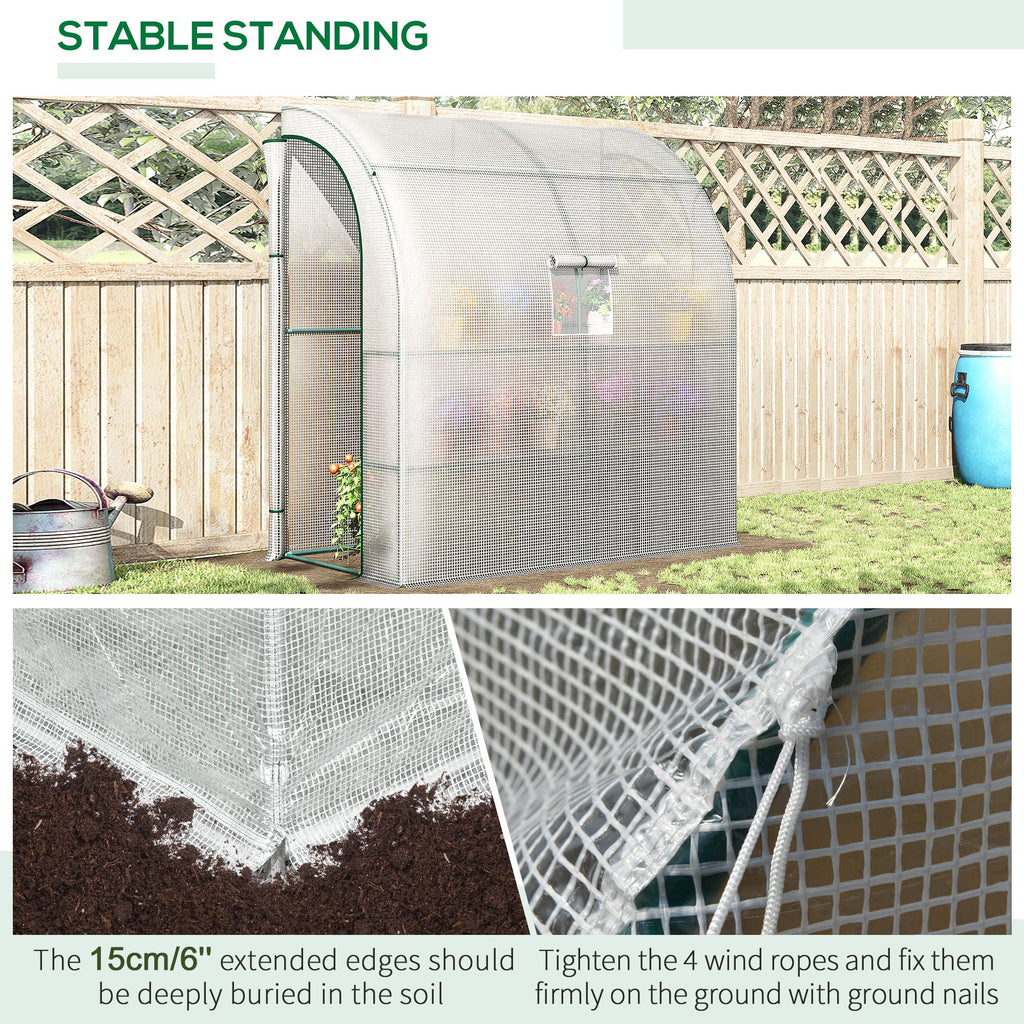 7' x 3' x 7' Outdoor Lean-to Walk-In Greenhouse w/ Roll-up Mesh Windows, Zipper Door and 3-Tier Shelves, White