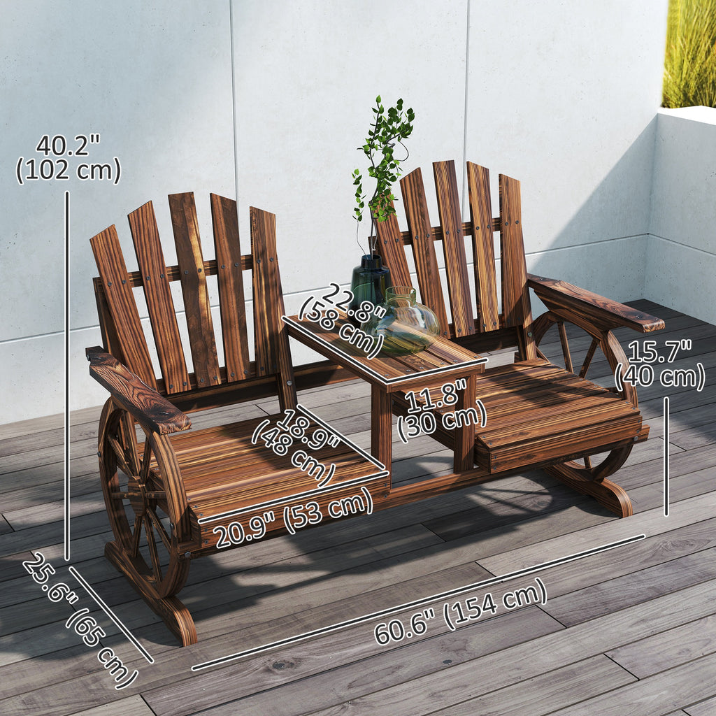 Wooden Outdoor Loveseat, Wagon Wheel Outdoor Bench with Table, Carbonized