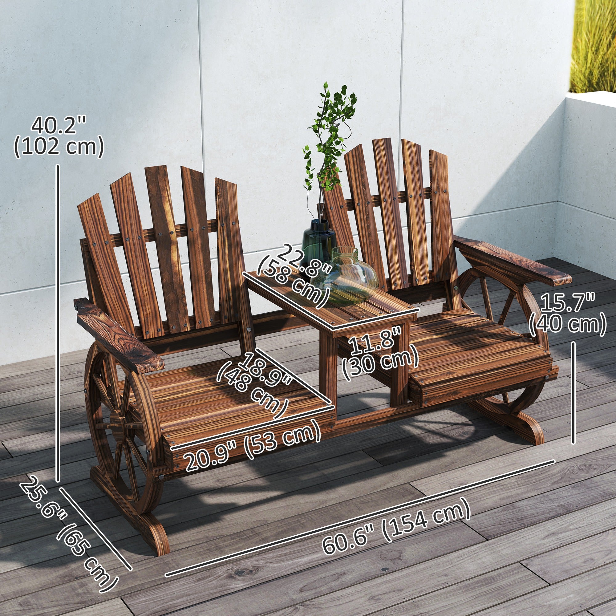 Wooden Outdoor Loveseat, Wagon Wheel Outdoor Bench with Table, Carbonized