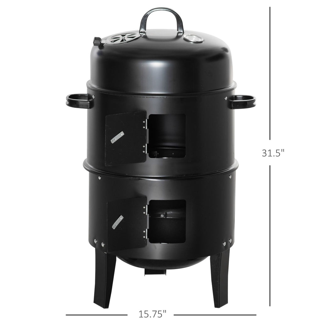 3-in-1 Vertical Charcoal BBQ Smoker, 16" Round Barbecue Grill with 2 Cooking Areas and Thermometer, Black
