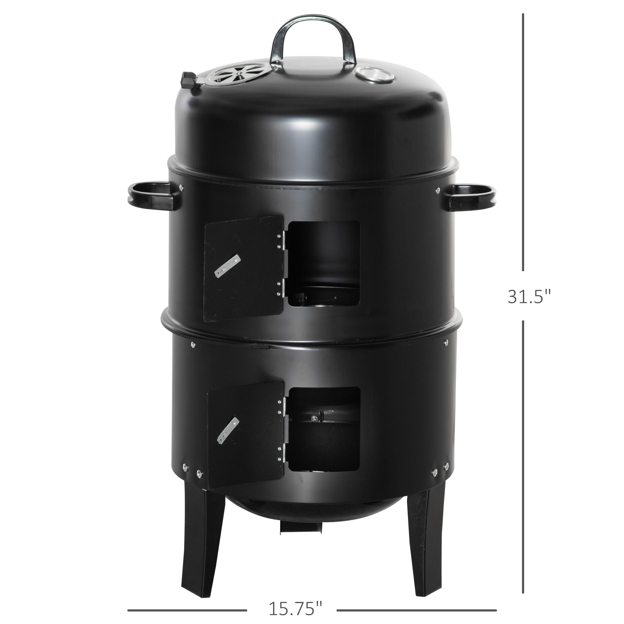 3-in-1 Vertical Charcoal BBQ Smoker, 16" Round Barbecue Grill with 2 Cooking Areas and Thermometer, Black