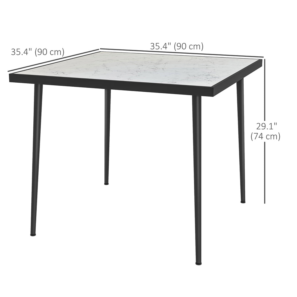 Outdoor Dining Table for 4, Square Patio Dining Table with Marble Effect Tempered Glass Top and Steel Frame, White