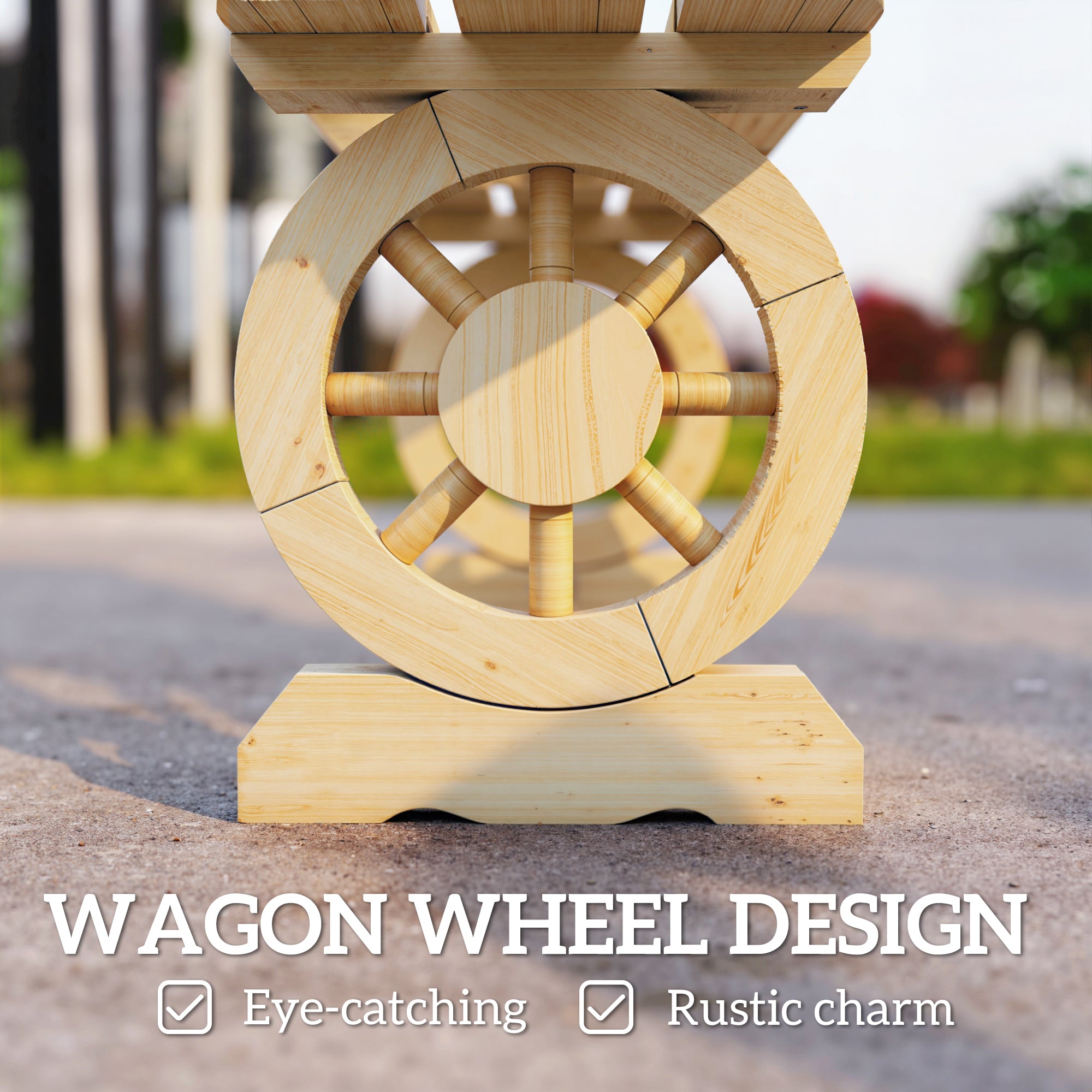 2-Person Outdoor Bench, Wood Garden Bench with Wagon Wheel Legs, Slatted Seat for Patio, Park, Backyard, Natural Wood