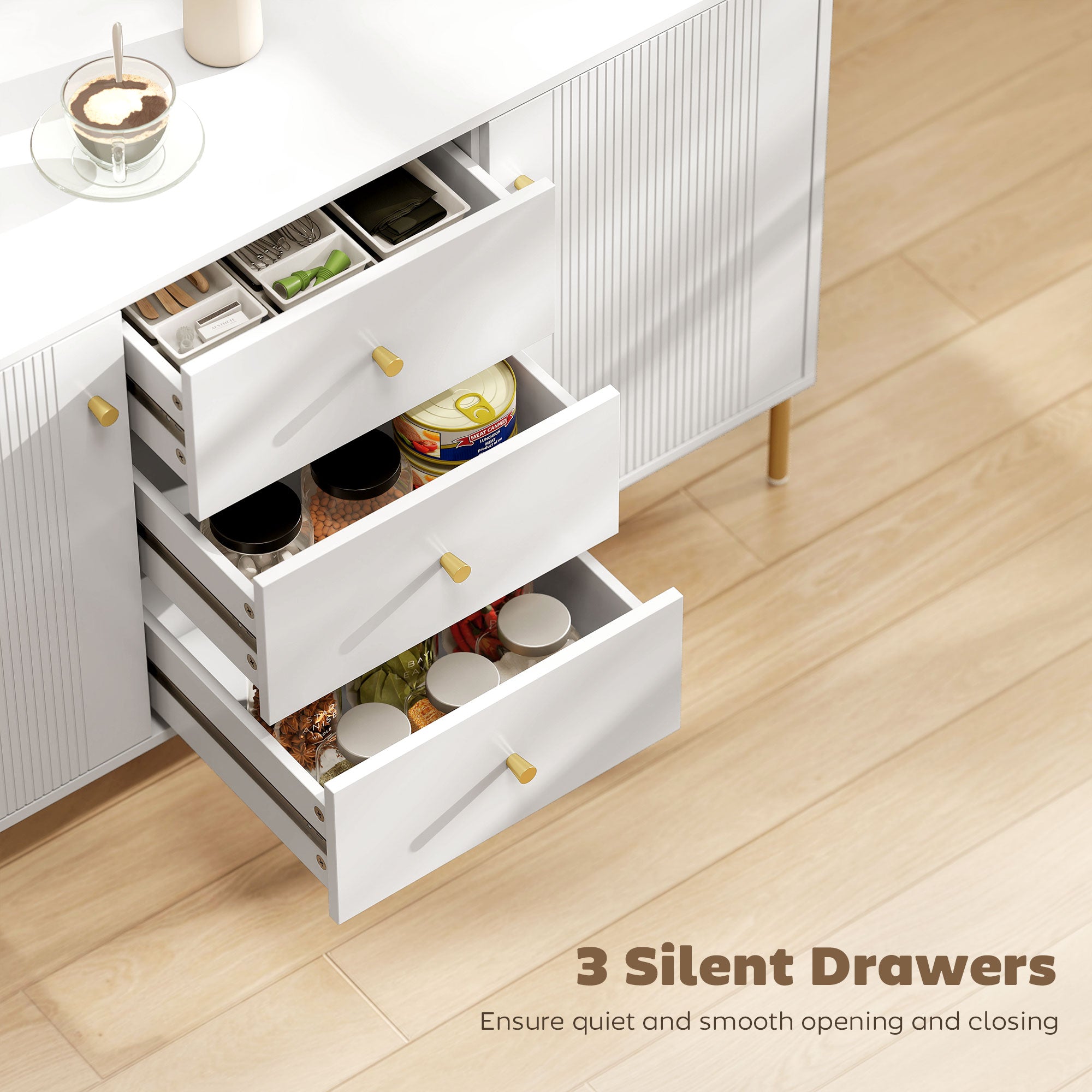Buffet Cabinet, Modern Sideboard with 3 Soft-Close Drawers and 2 Adjustable Shelves for Living Room, Kitchen, White