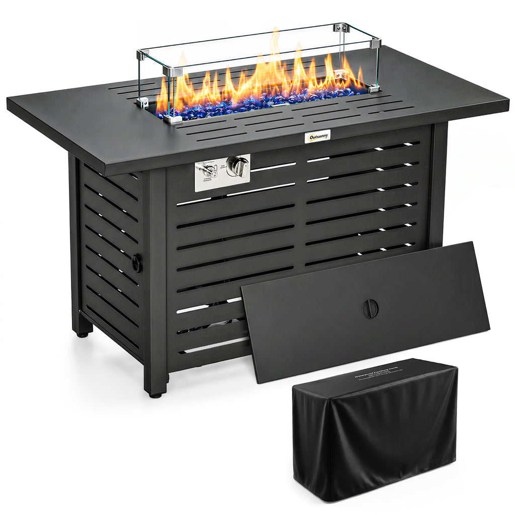 Propane Gas Fire Pit Table, Outdoor Firepit with 43" Steel Tabletop and Lid, 50,000 BTU Pulse Ignition Fire Table w/ Stainless Steel Burner, Glass Wind Guard, and Cover