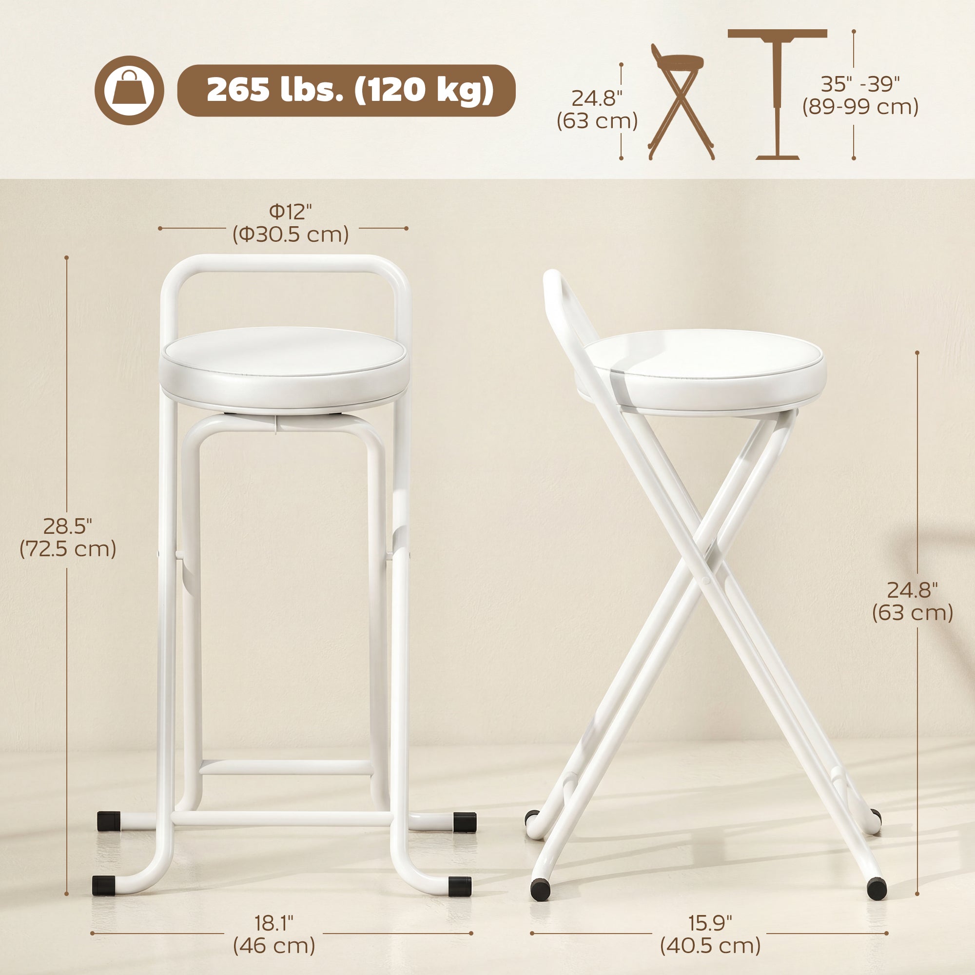 Foldable Bar Stools Set of 2, Folding Kitchen Chairs with PU Cushioned Seat, Footrest, White