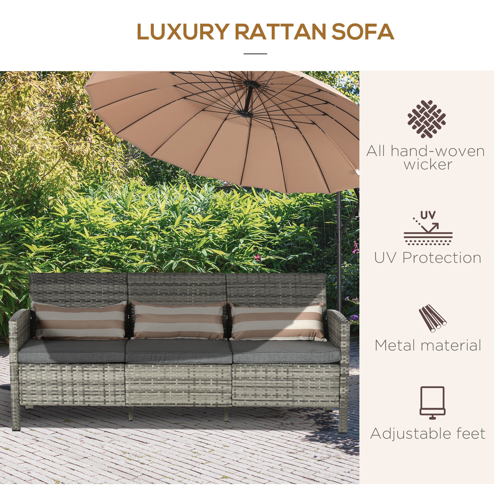 3-Seater Wicker Sofa, PE Rattan Outdoor Couch Conversation Furniture with Removable Cushions for Patio, Garden, Grey