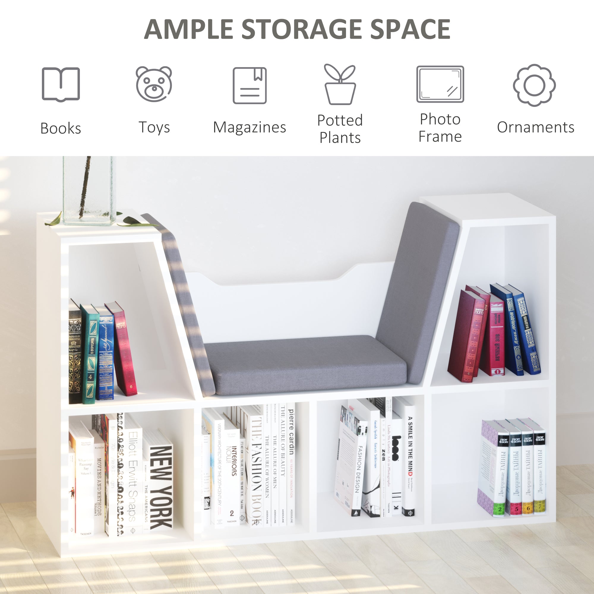 6-Cubby Bookcase with Seat Cushion, Cube Storage Shelf with Reading Nook for Home Office, Study, Grey
