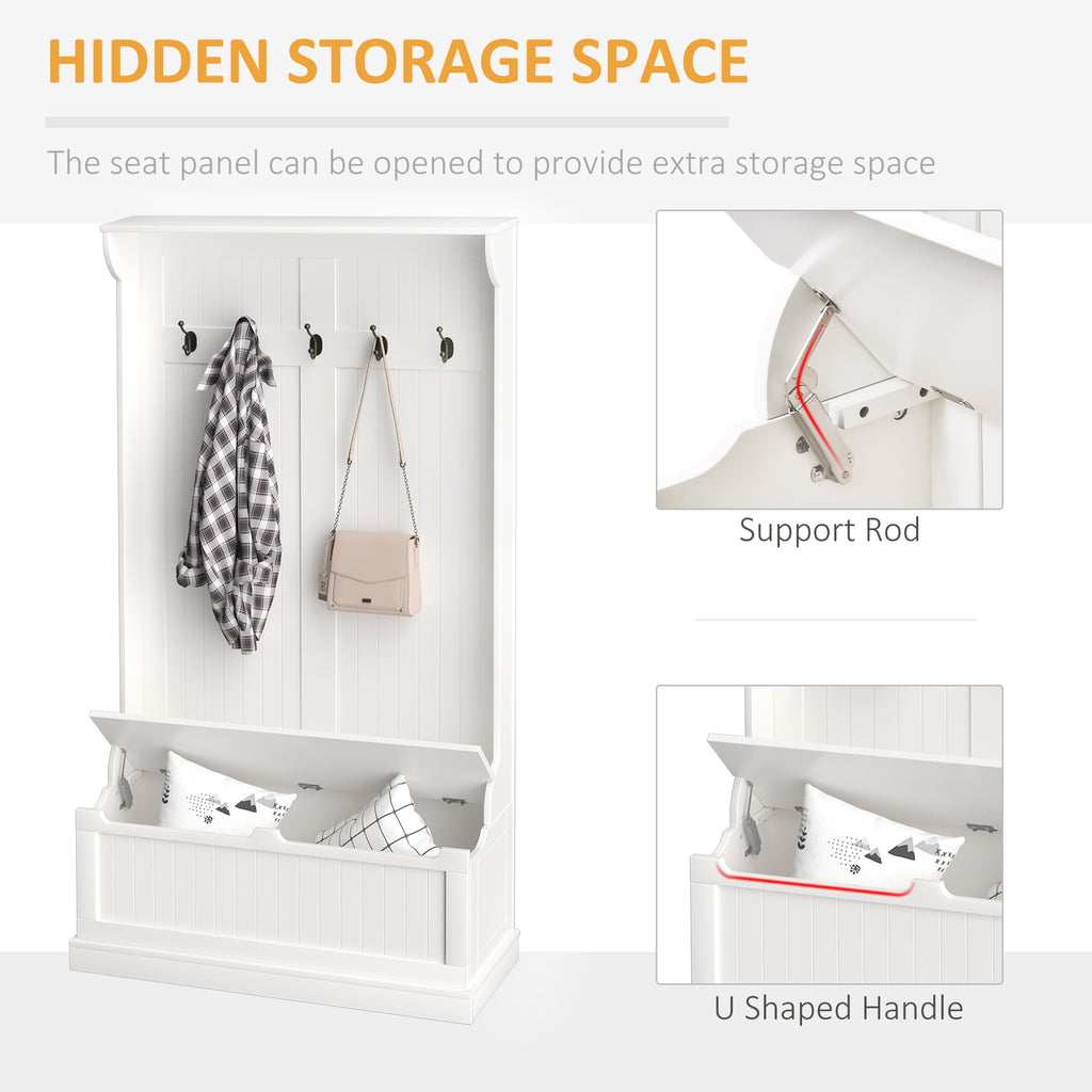 3-In-1 Hall Tree w/ Coat Rack, Shoe Storage and Bench Seat, Entryway Bench w/ 4 Hooks for Hallway, Living Room, White