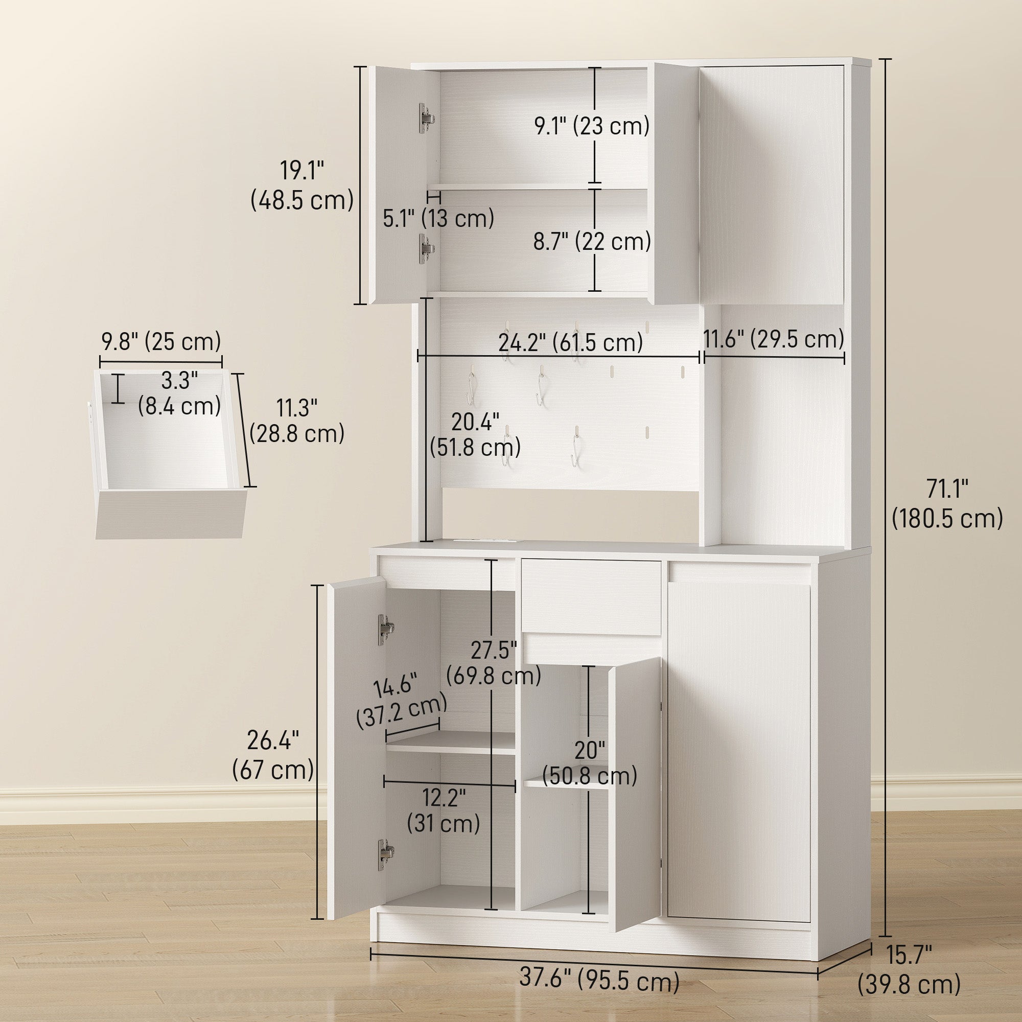 71" Pantry Cabinet with Charging Station, Kitchen Storage Cabinet with Microwave Stand, Pegboard, 6 S-hooks, White