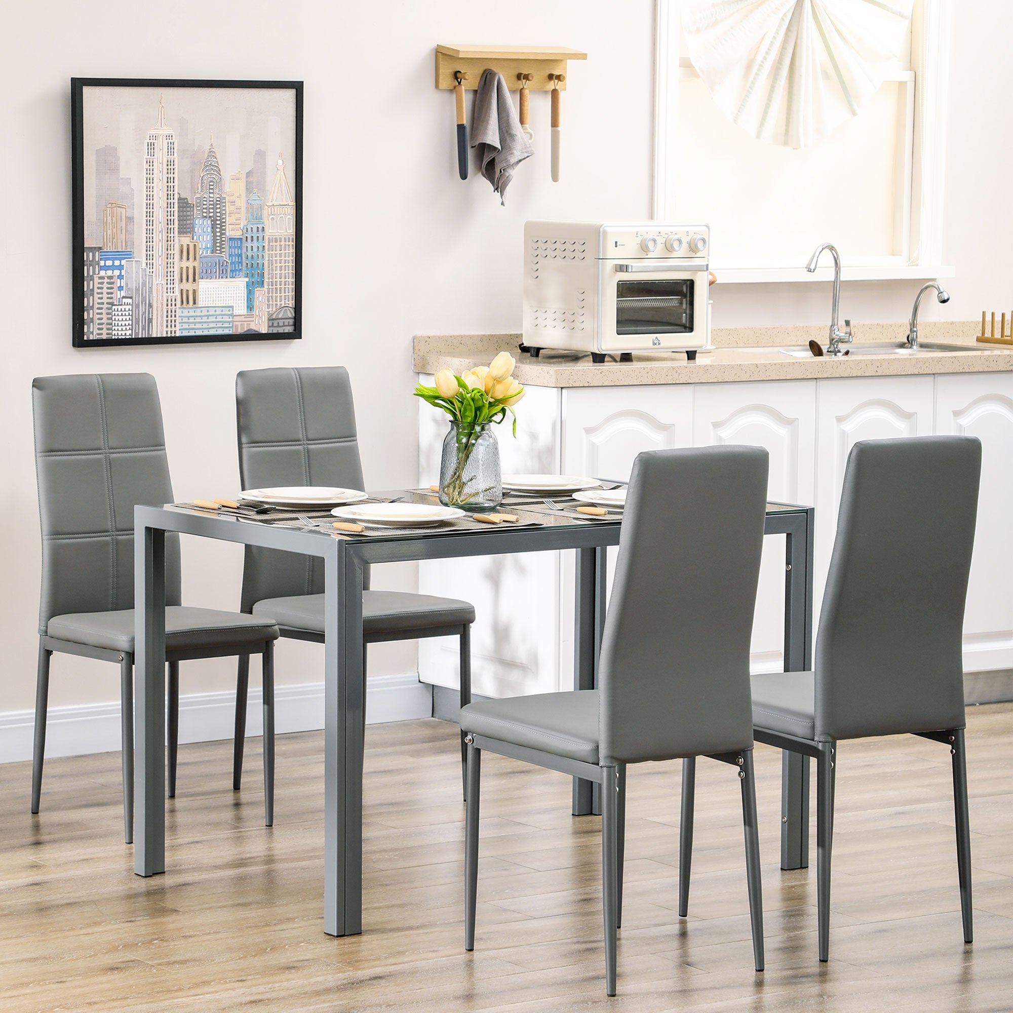 5-Piece Rectangular Glass Kitchen Table and Chairs with Metal Frame and Faux Leather Upholstery for Dining Room, Grey