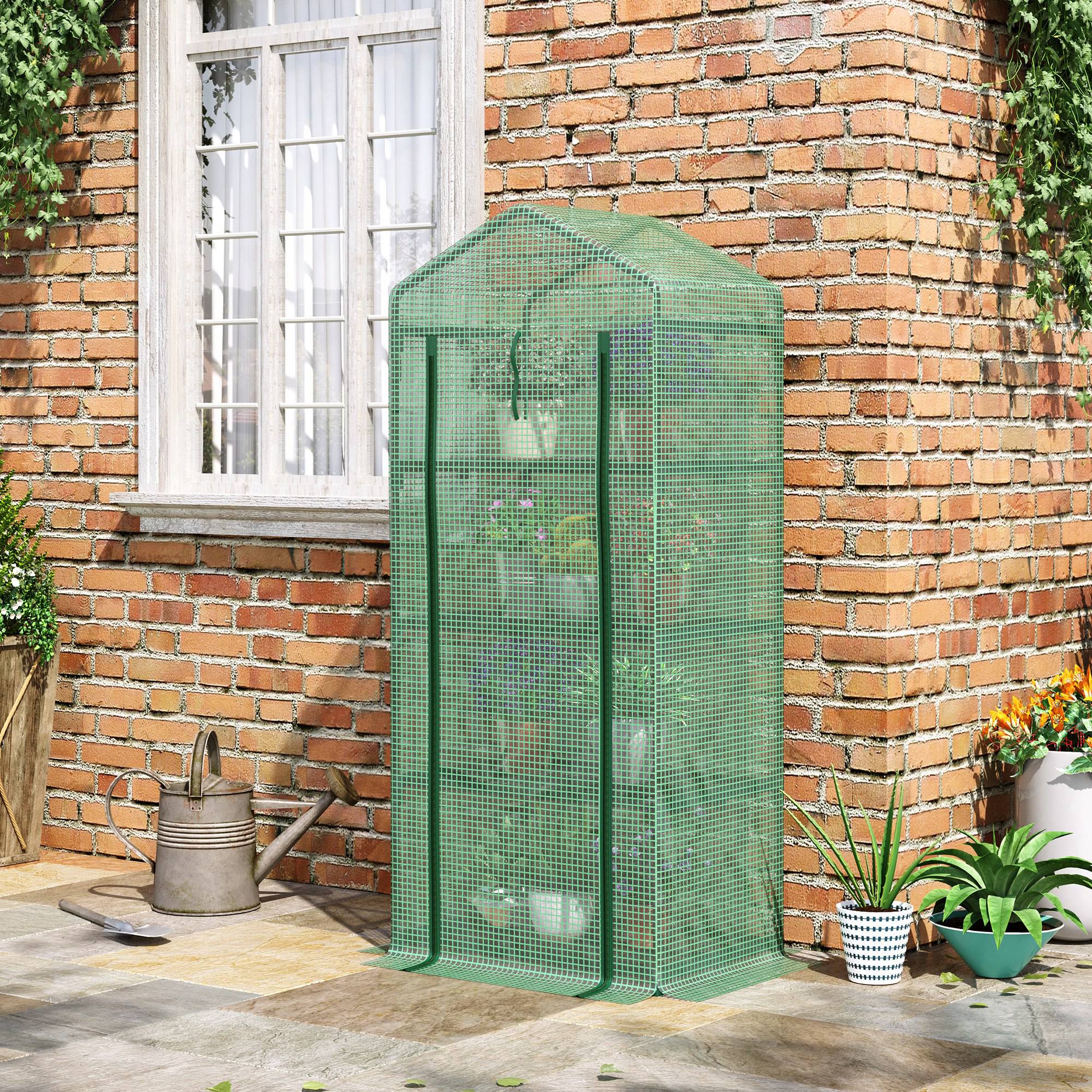 Portable Greenhouse, Outdoor Hot House Plant Flower Greenhouse with 4 Tier Shelves, Steel Frame, PE Cover, Dark Green