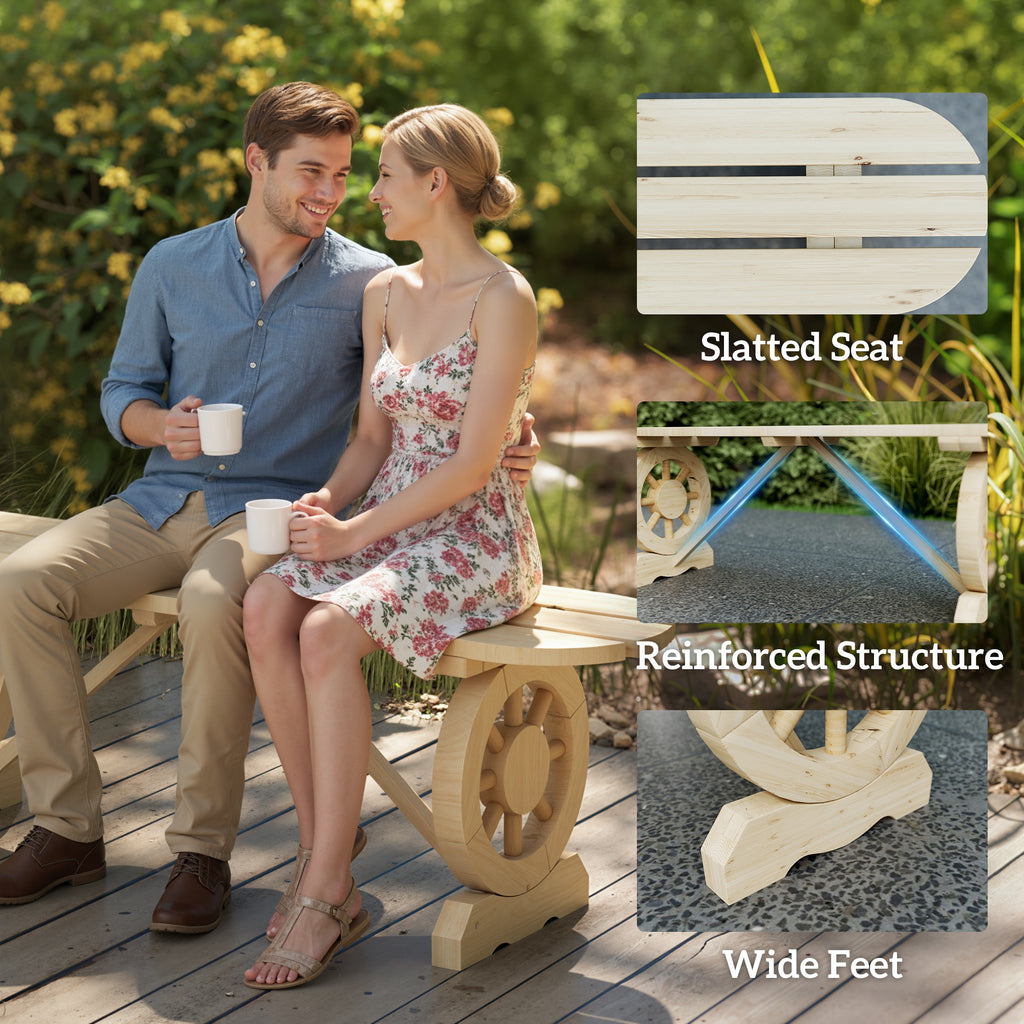 2-Person Outdoor Bench, Wood Garden Bench with Wagon Wheel Legs, Slatted Seat for Patio, Park, Backyard, Natural Wood