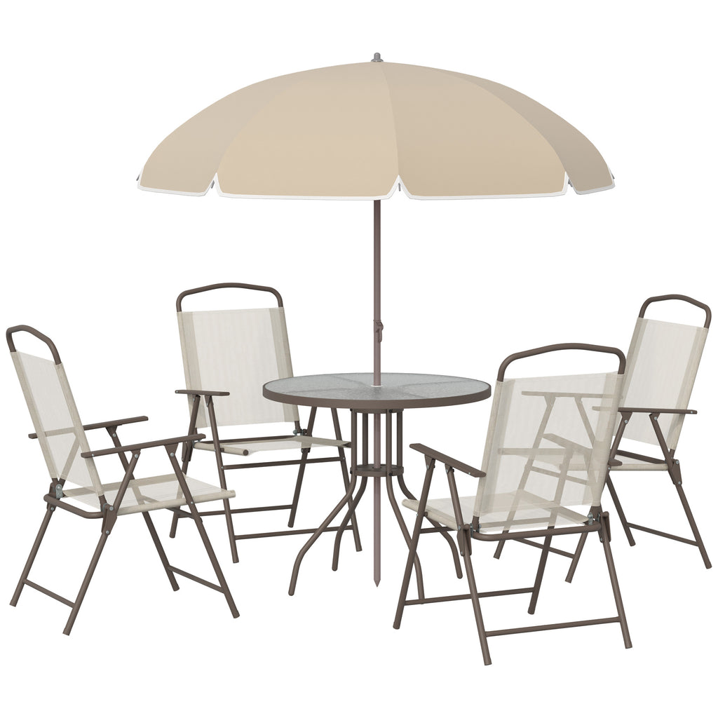 6 Pieces Outdoor Dining Set for 4 with Umbrella Patio Outdoor Furniture Set with Round Table 4 Folding Chairs Cream