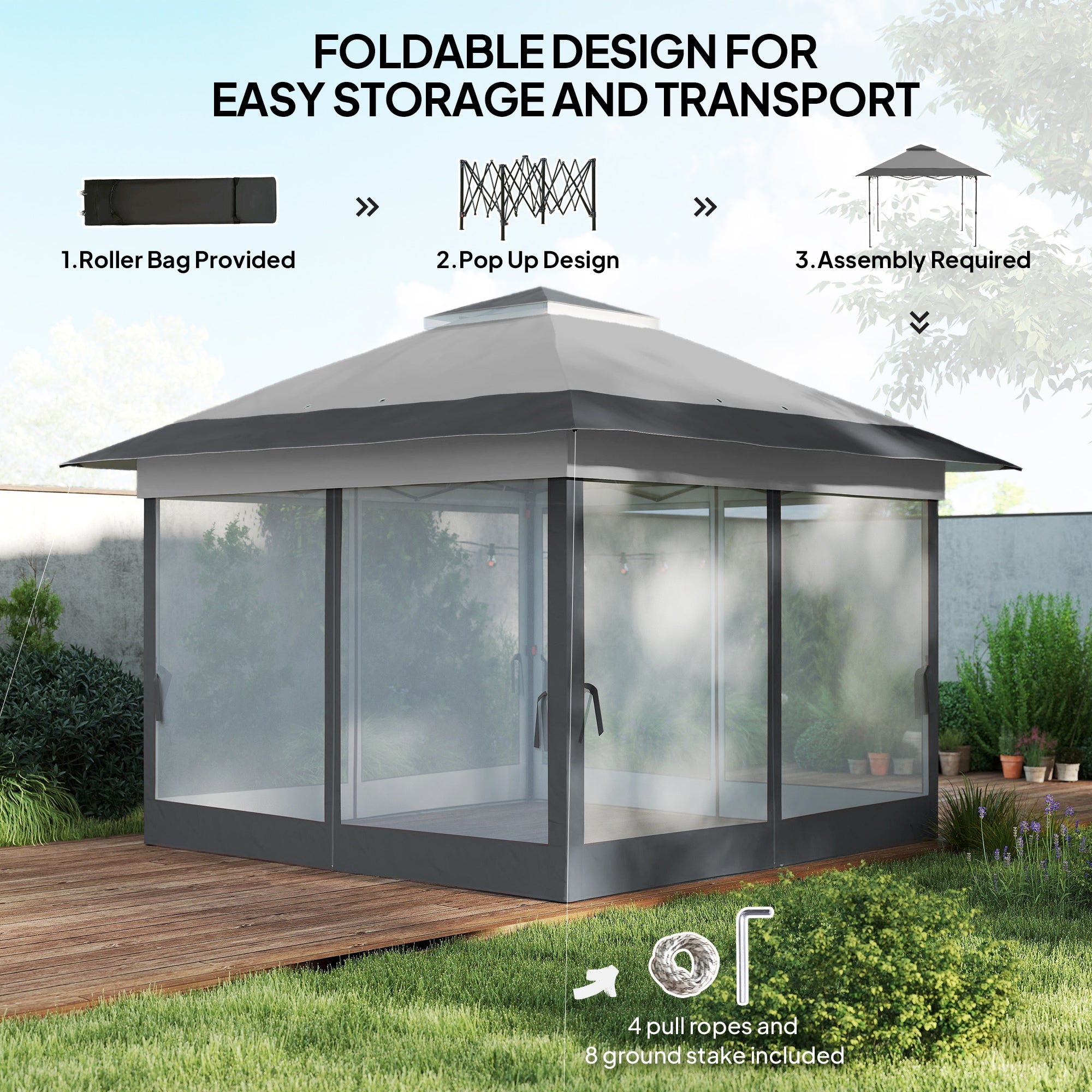 12' x 12' Foldable Pop-up Party Tent Instant Canopy Sun Shade Gazebo Shelter with Steel Frame, Dark Grey
