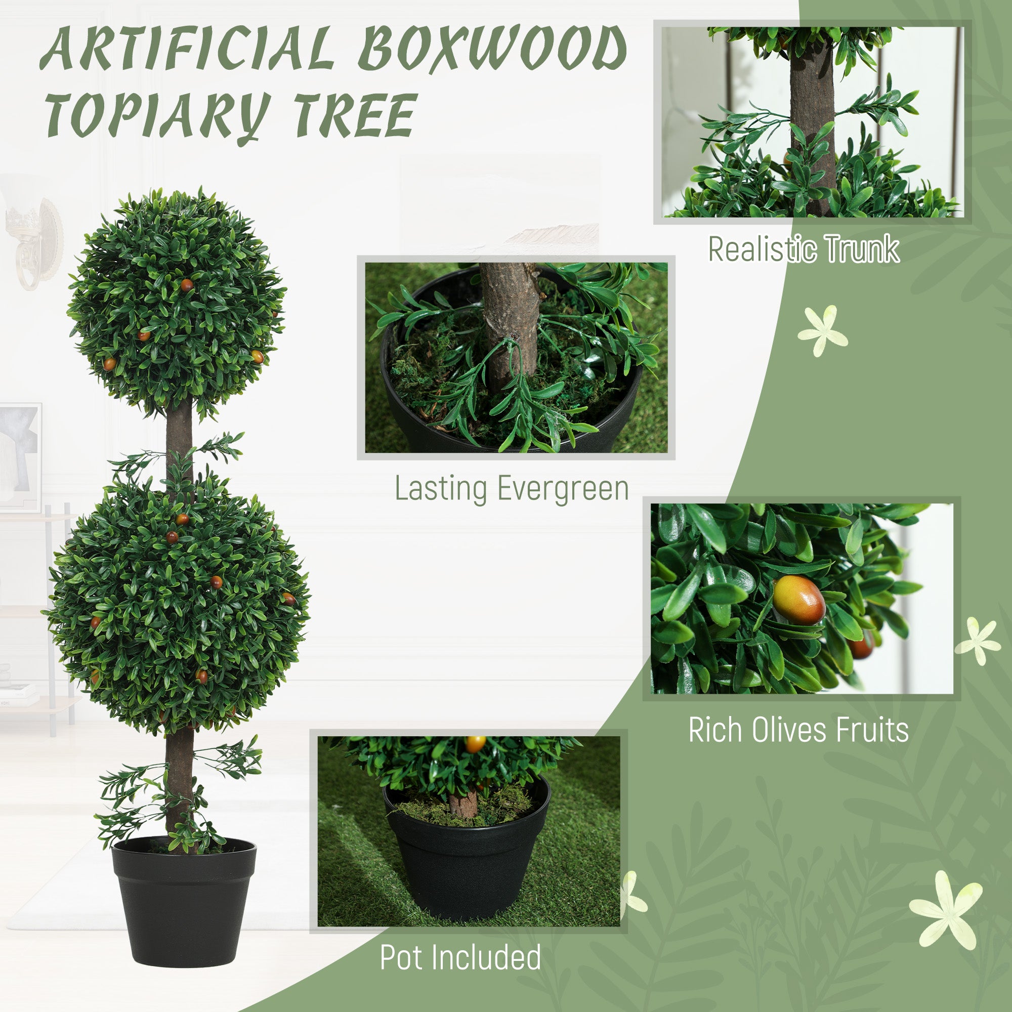 3FT Artificial Boxwood Topiary Tree Set of 2, Faux Two Ball Topiary Tree in Pot for Indoor Outdoor Decor, Green