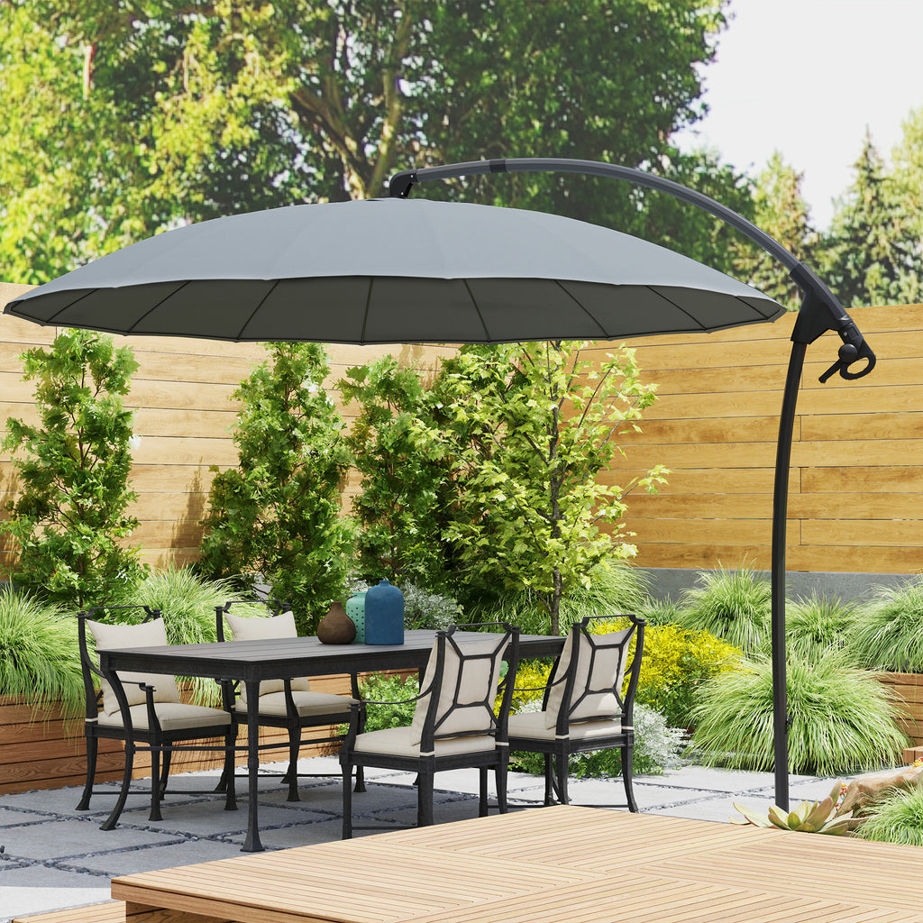 9FT Cantilever Umbrella with 16 Fibreglass Ribs, Offset Hanging Umbrella, Patio Umbrella with Crank and Cross Base, Grey