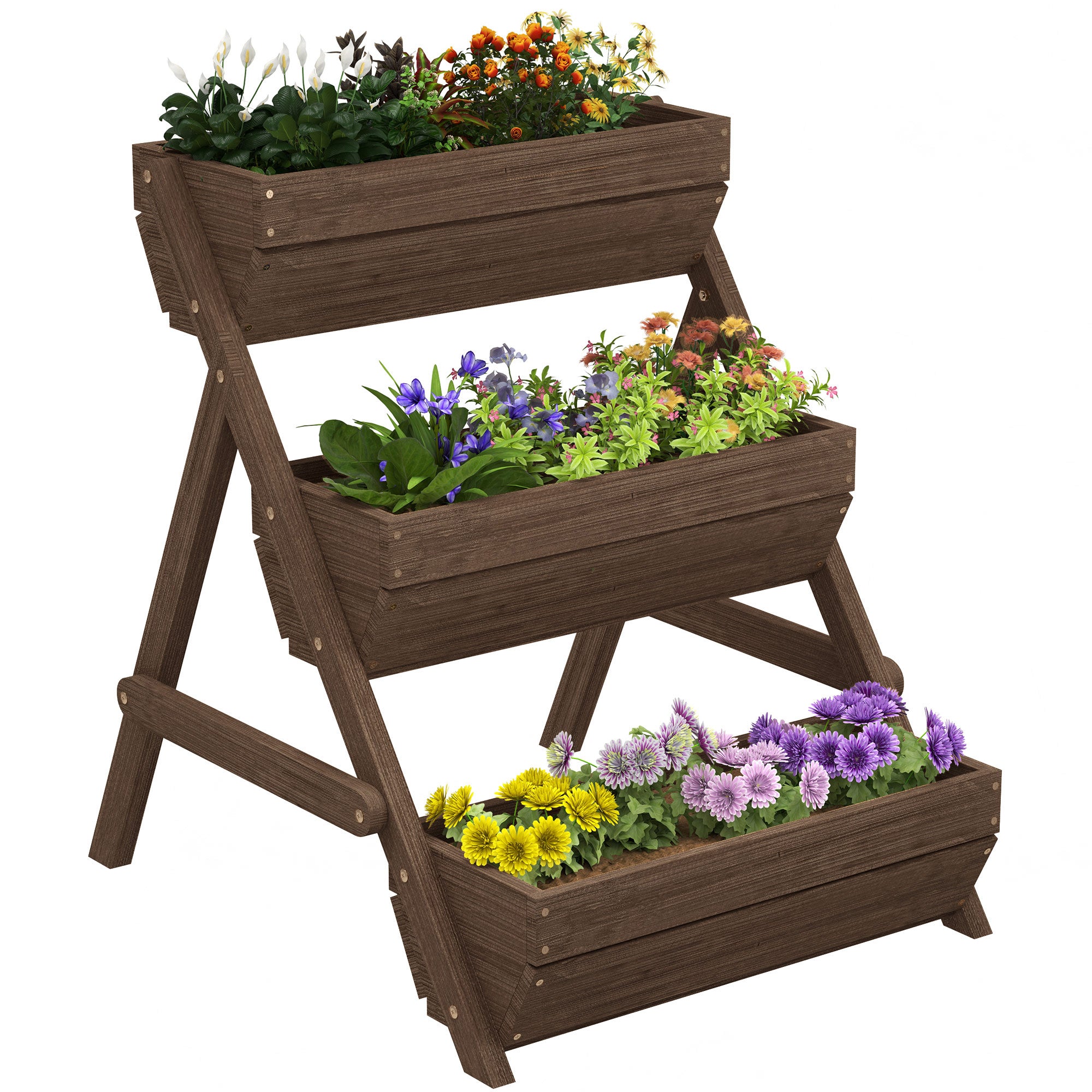 3 Tier Elevated Planter Box, Vertical Wooden Raised Garden Bed for Flowers, Vegetables, 26" x 30" x 30", Carbonized