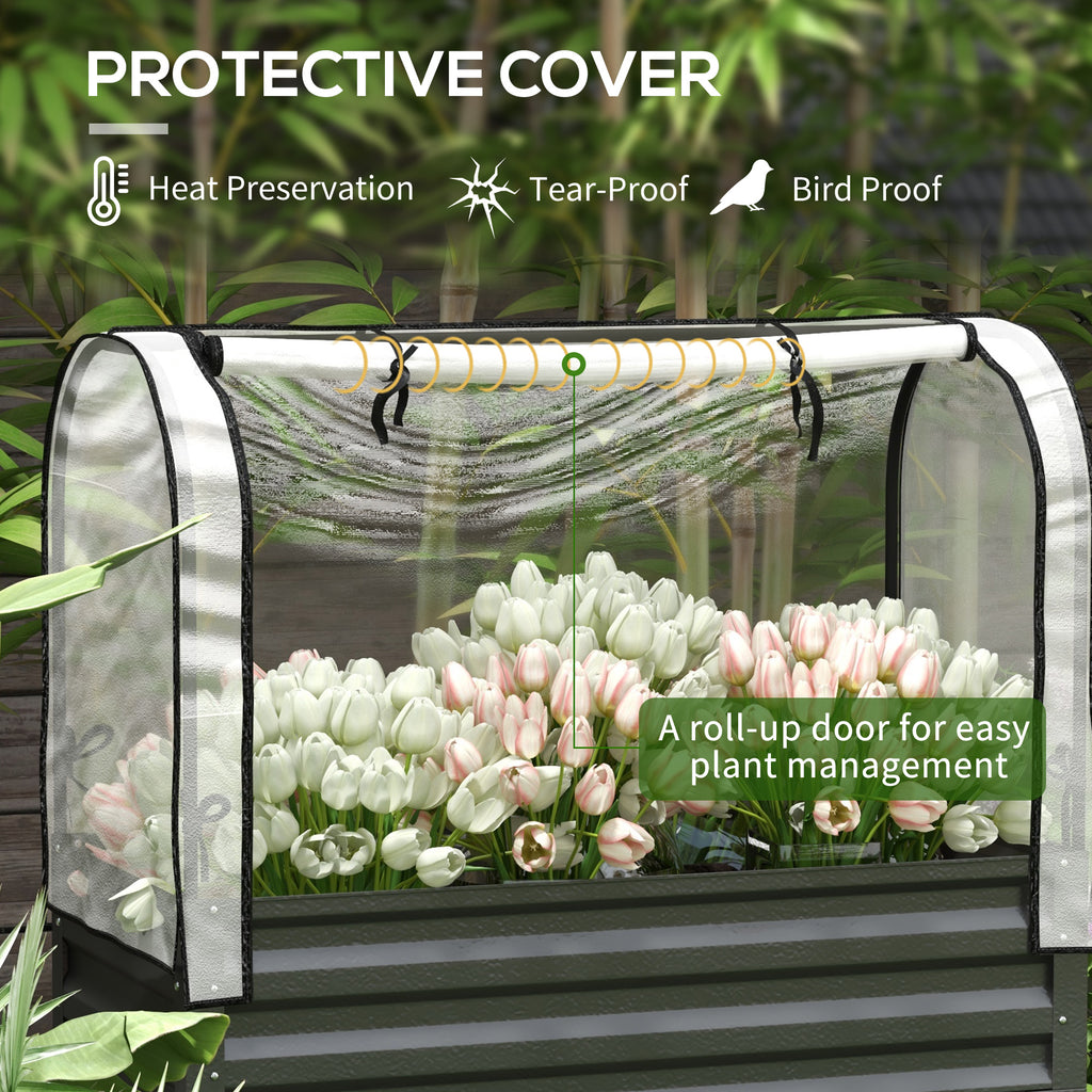 Raised Garden Bed with Cover, Metal Elevated Planter Box with Bottom Shelf and Liner, Black