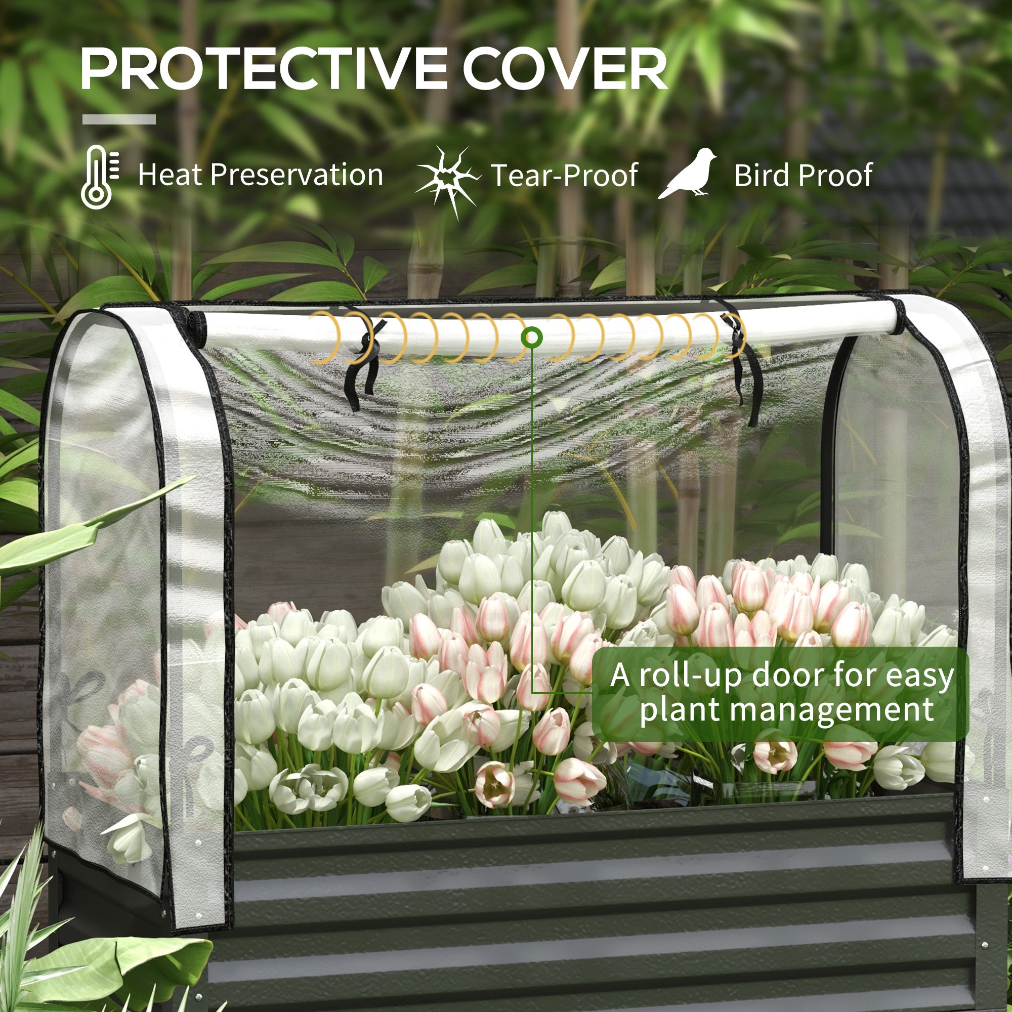 Raised Garden Bed with Cover, Metal Elevated Planter Box with Bottom Shelf and Liner, Black