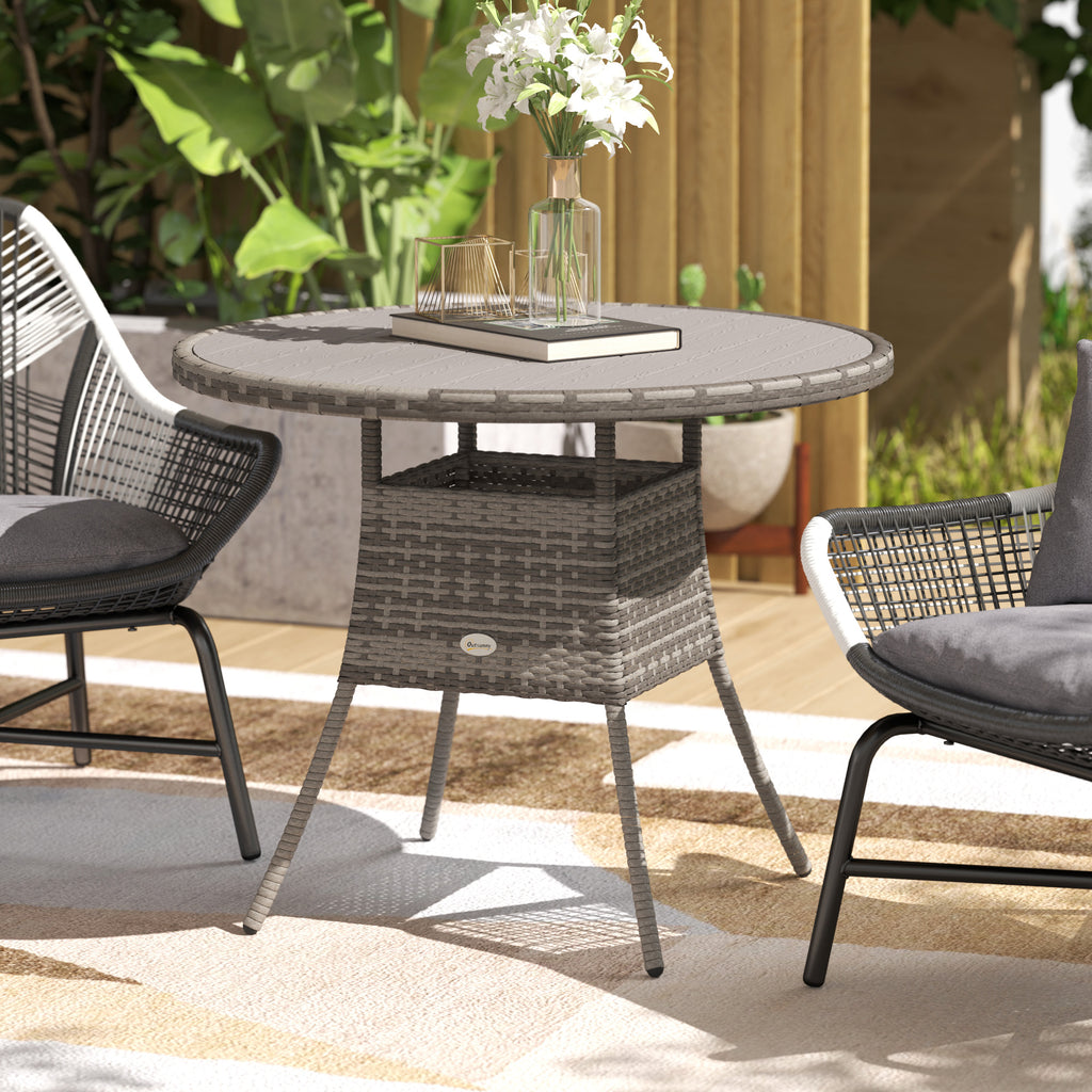 35.4" Outdoor Wicker Dining Table, PE Rattan Patio Furniture with Wood-plastic Composite Top, Grey